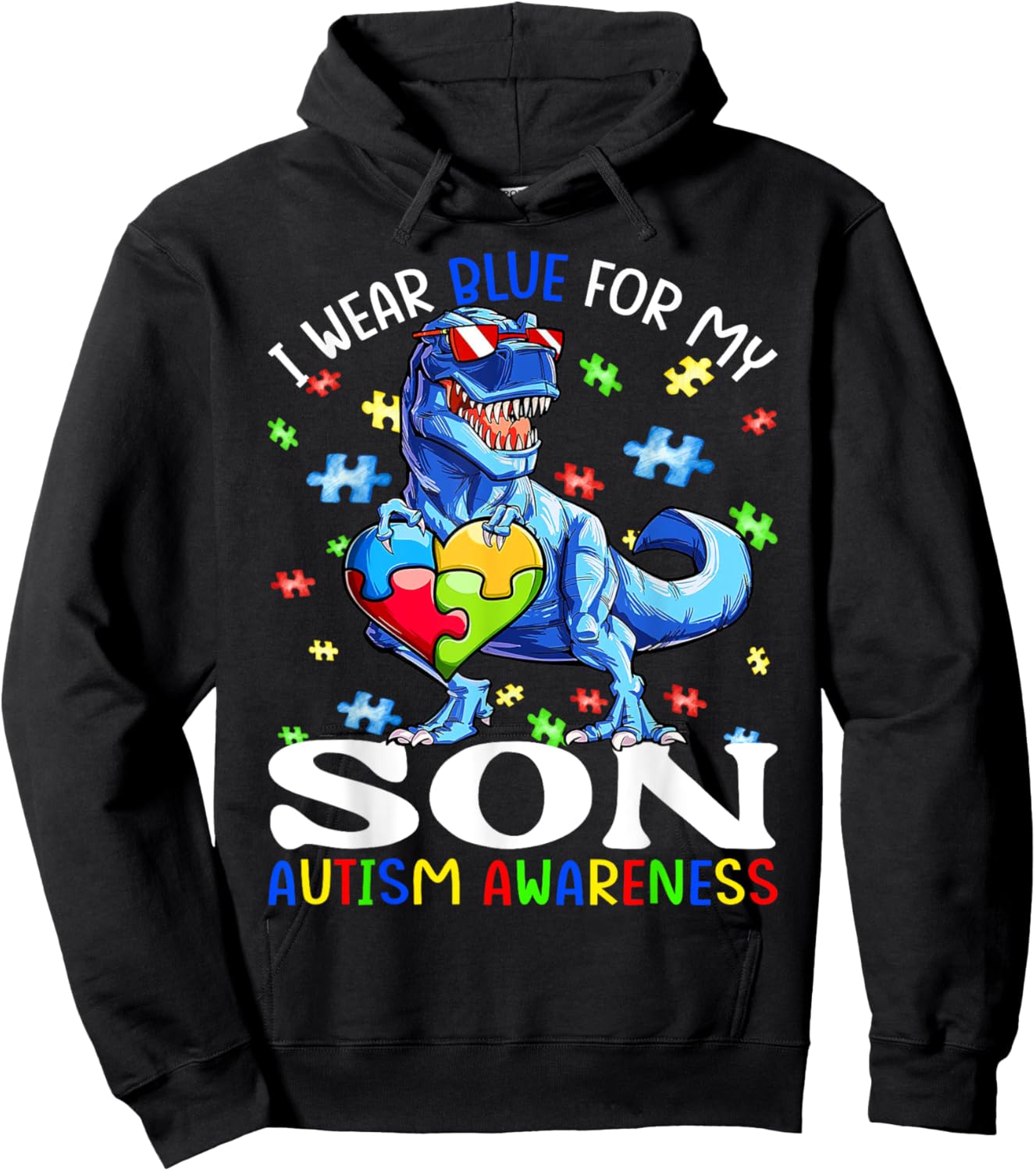 I Wear Blue For My Son Autism Awareness Dinosaur Boys Hoodie - Hoodie | Black