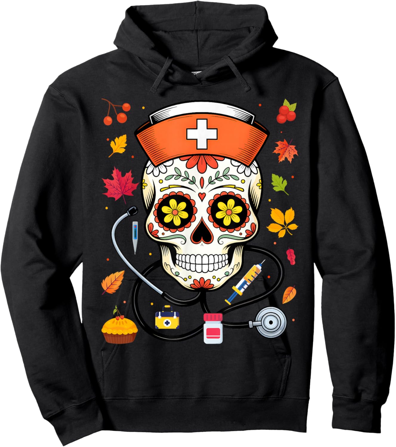Sugar Skull Nurse Mexican Thanksgiving Fall Autumn Scrub Top Hoodie - Hoodie | Black