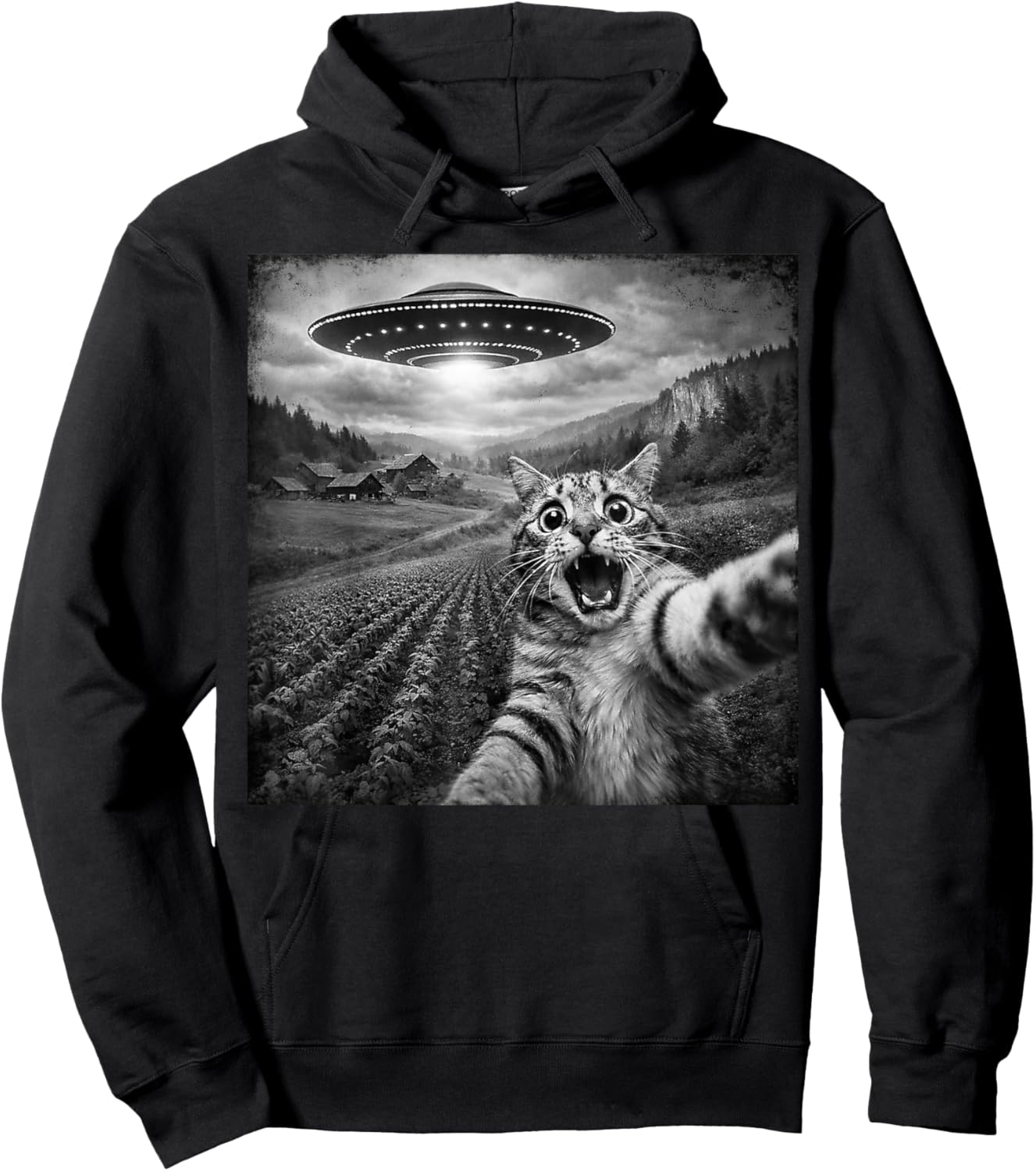 UFO Shirt Men Women Funny Cat Alien UFO Hoodie - Hoodie | Black