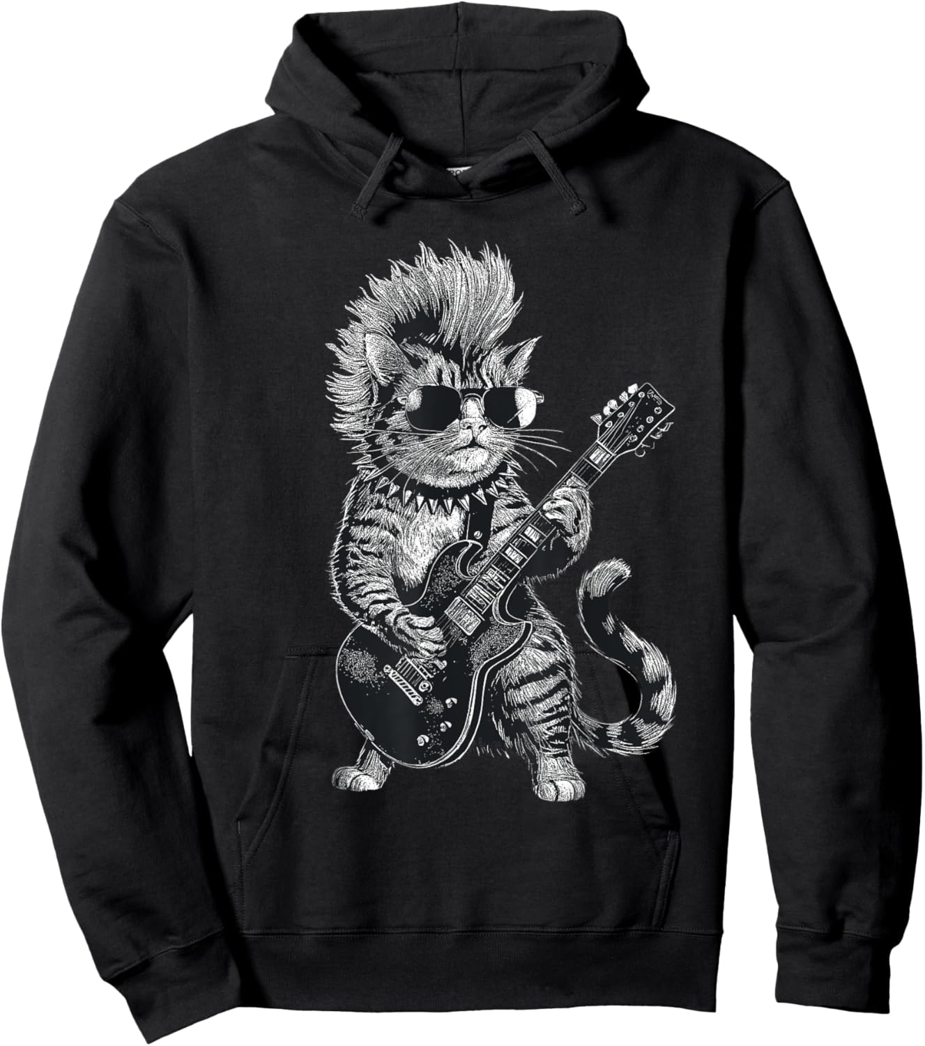 Cat Playing Electric Guitar Punk Rock Cat Rockstar Hoodie - Hoodie | Black