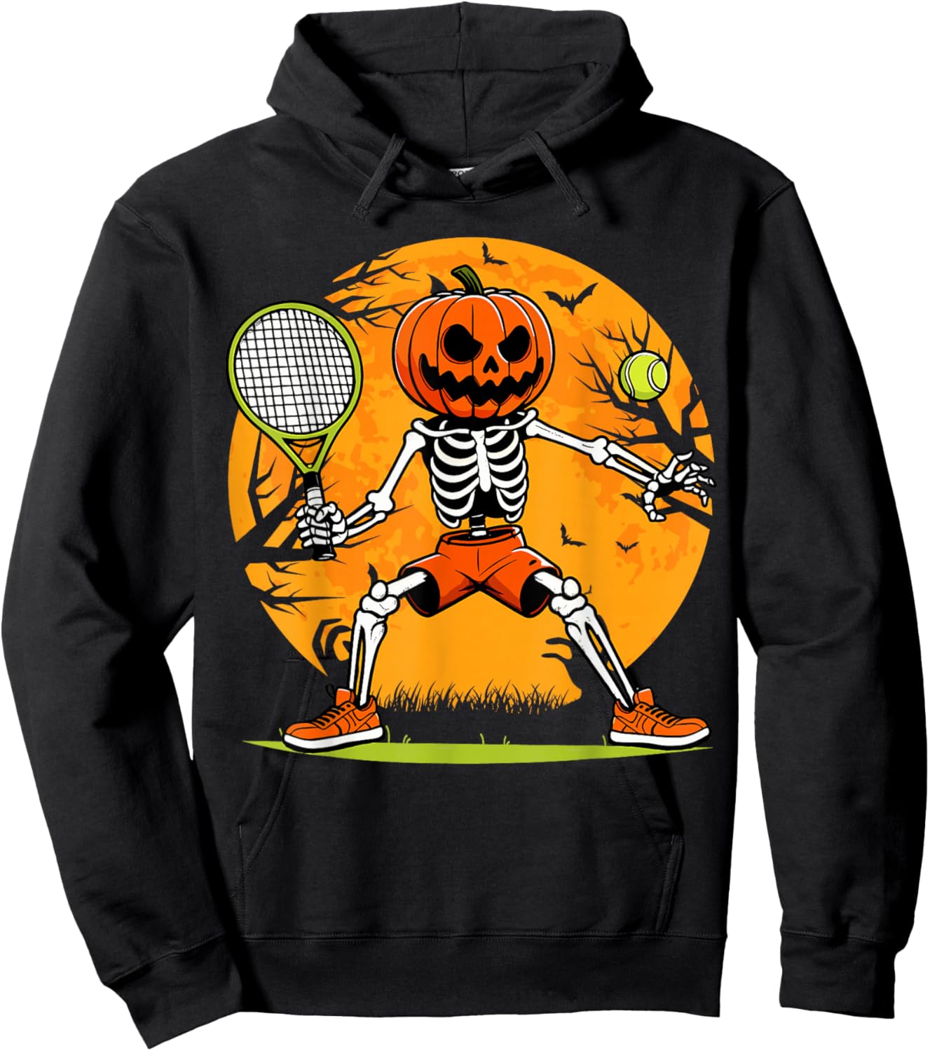 Halloween Tennis Pumpkin Head Skeleton Tennis Halloween Hoodie - Hoodie | Black