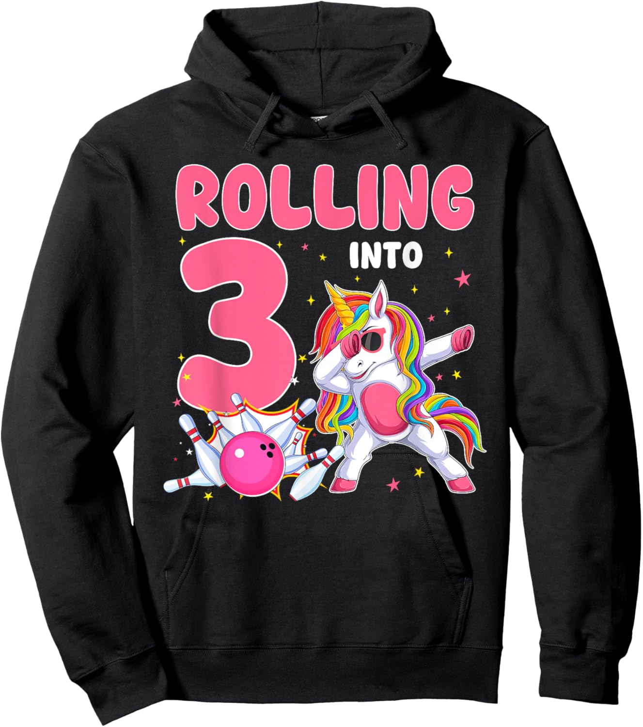 Rolling Into 3 3rd Birthday Unicorn Bowling 3 Year Old Hoodie - Hoodie | Black