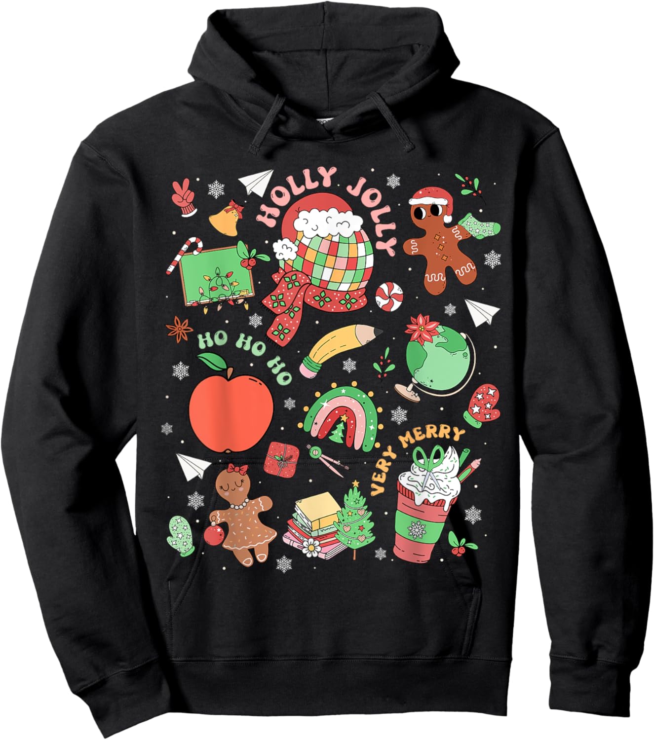 Retro Very Merry Teacher Gingerbread Rainbow Xmas Holiday Hoodie - Hoodie | Black