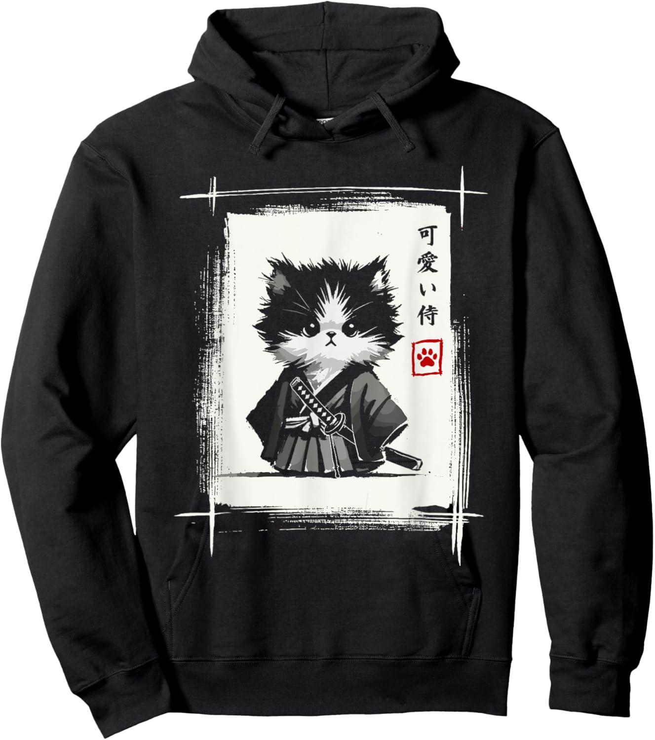 Samurai Cat Japanese Art Sumi-e Novelty Kawaii Funny Cat Hoodie - Hoodie | Black