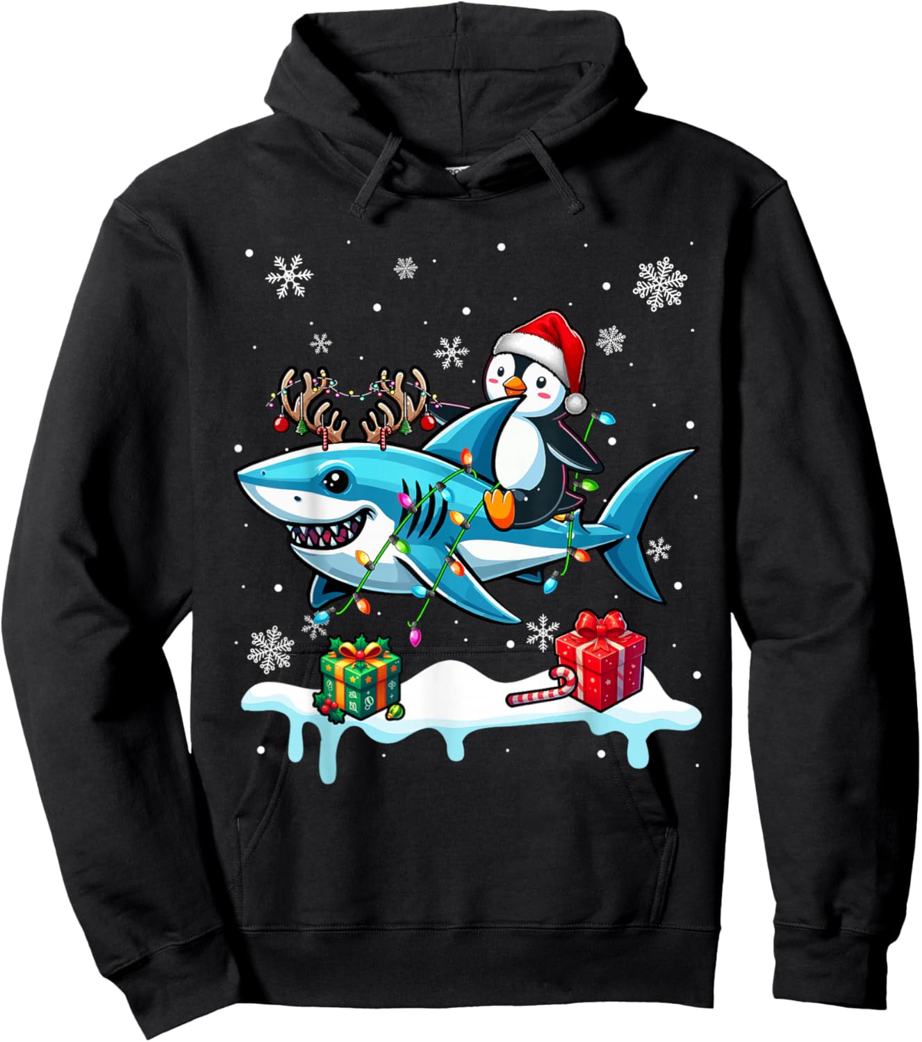 Christmas Santa Penguin Riding Reindeer Shark Lover Kids Hoodie - Hoodie | Black