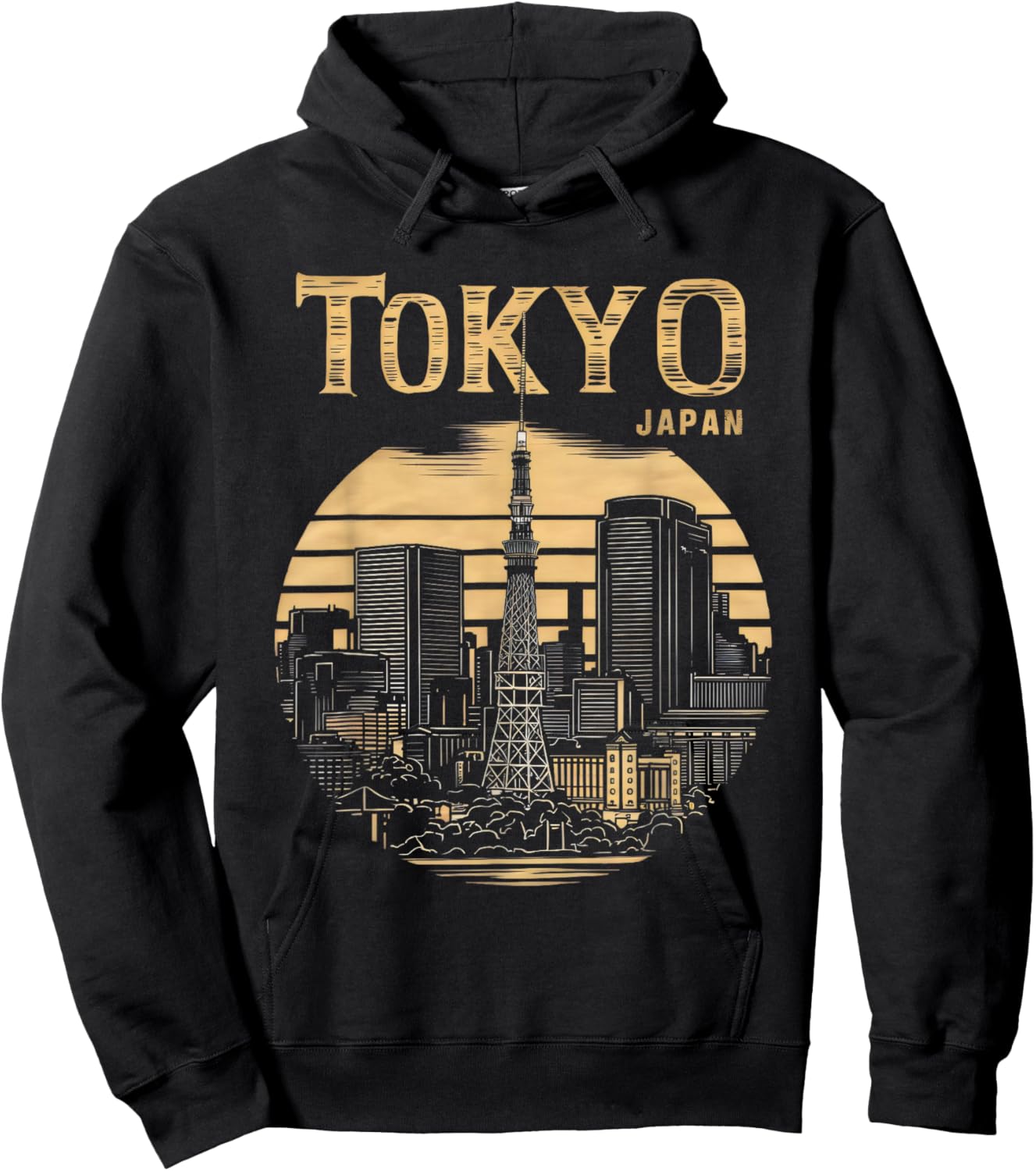 Tokyo Skyline Tower Woodblock Japanese Style Art Japan Hoodie - Hoodie | Black