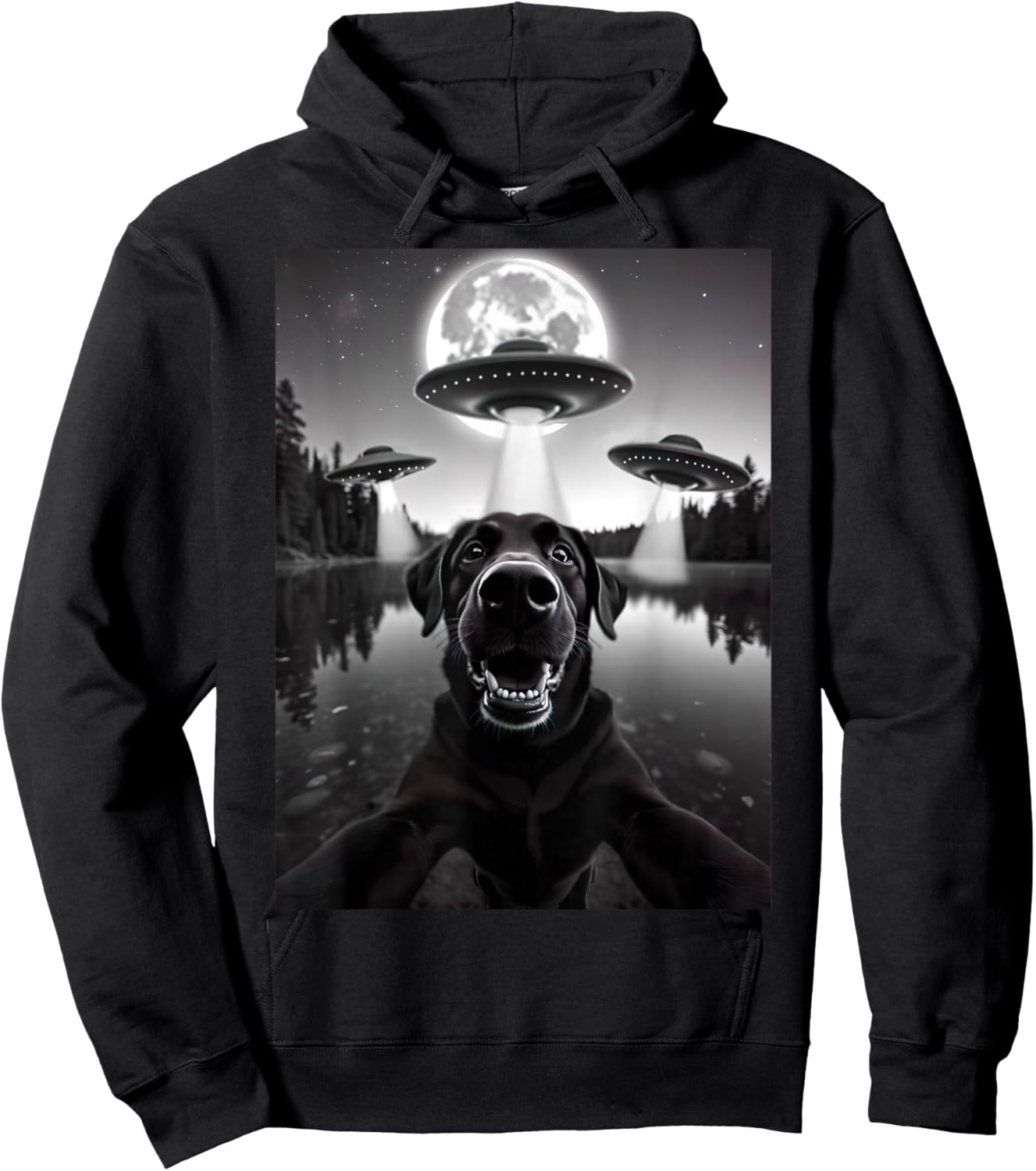 Funny Black Lab Labrador Dog Selfie with UFOs Weird Aliens Hoodie - Hoodie | Black
