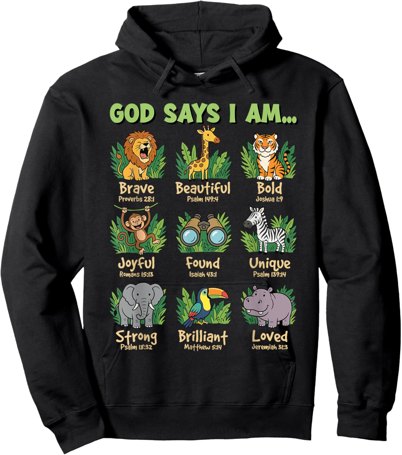 God Says I Am Bible Verses Jungle Animals Christian Kids Hoodie - Hoodie | Black