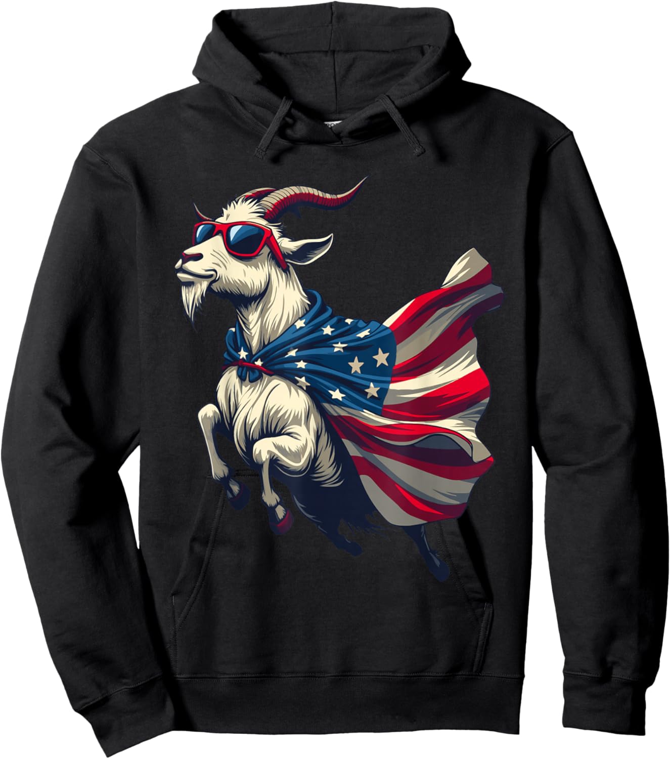 Cool Patriotic Goat in American Flag Cape with Sunglasses Hoodie - Hoodie | Black