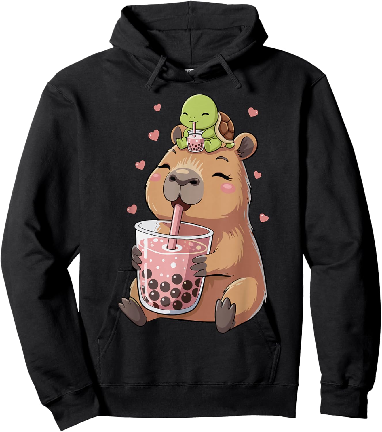 Capybara & Bubble Tea Girls' Turtle Hoodie - Hoodie | Black