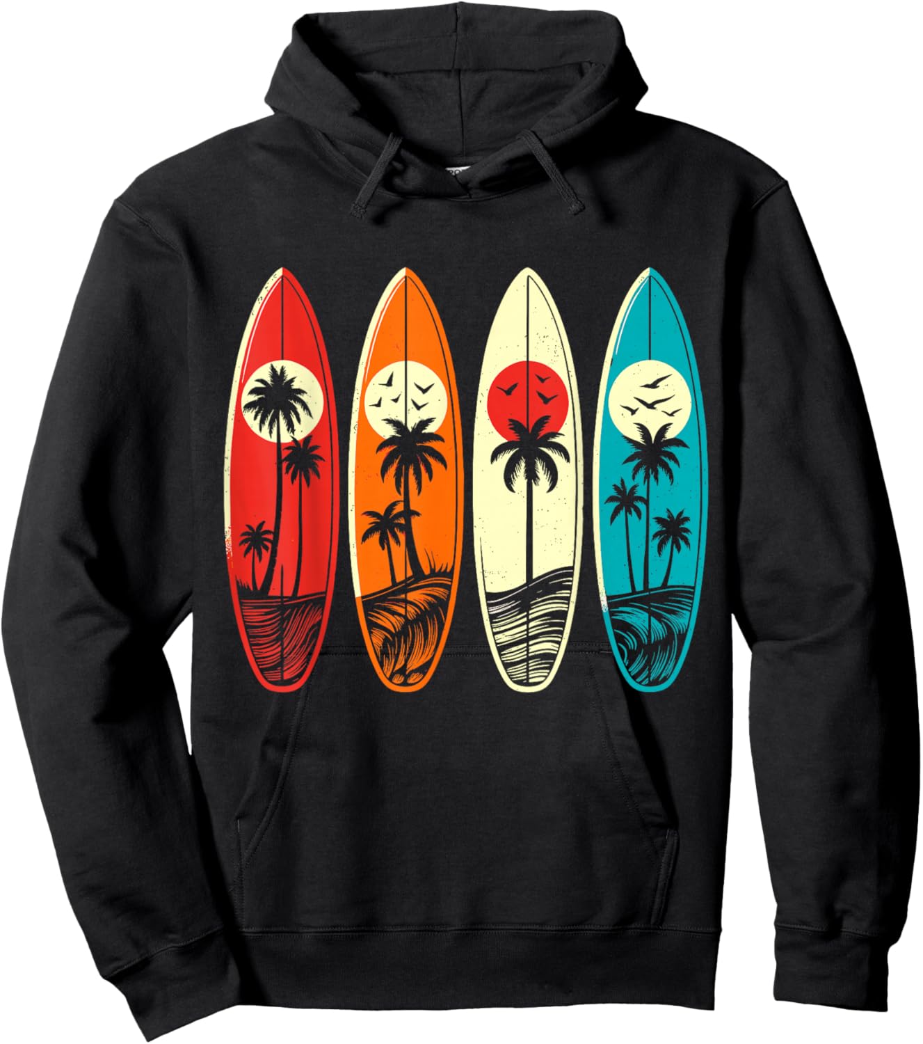 Tropical Hawaii Palm Surfing Beach Surfboard Retro Surf Hoodie - Hoodie | Black