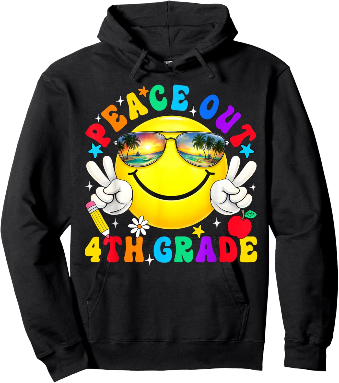 Peace Out Fourth Grade Last Day of School Groovy Smile Face Hoodie - Hoodie | Black