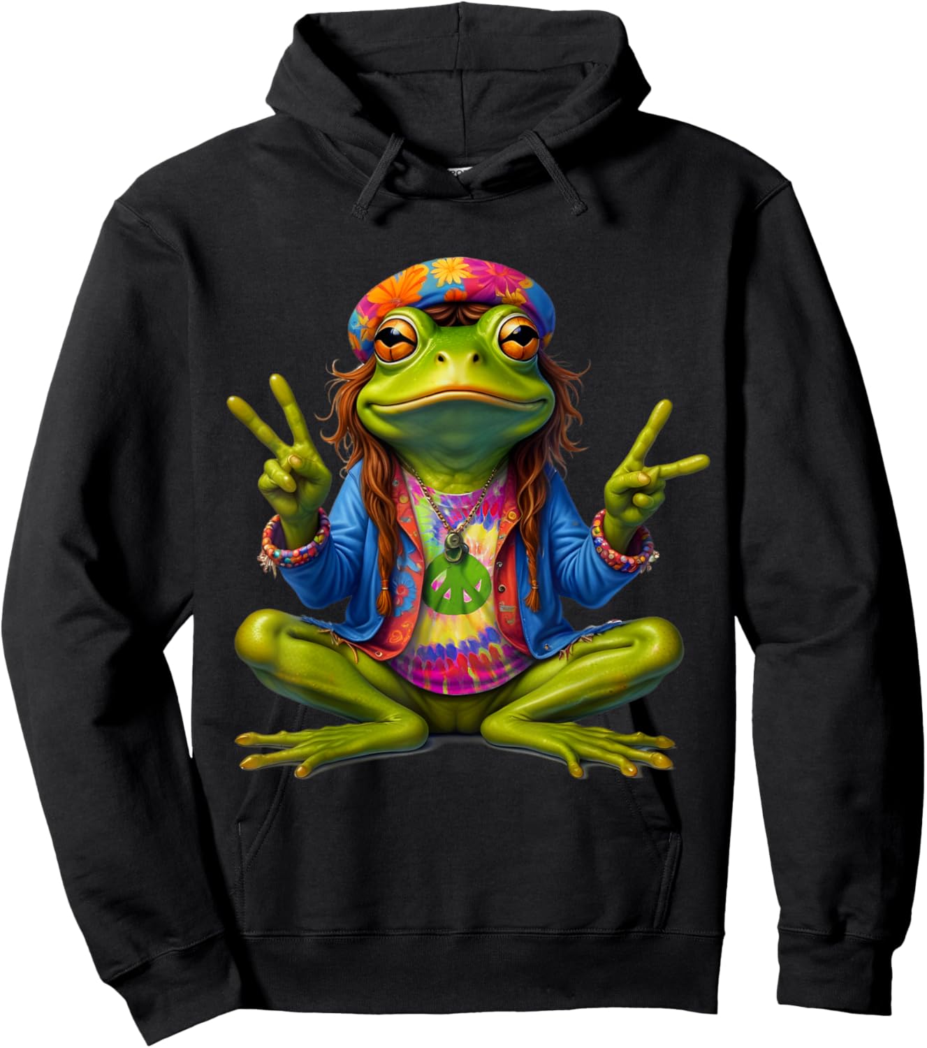 Tie-Dye Frog Peace Sign 60s 70s Hippie Men Women Hoodie - Hoodie | Black