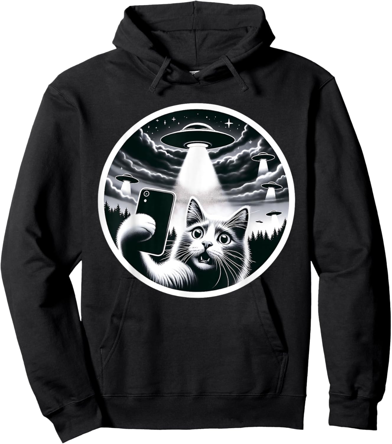 Whisker-ed Away: Cat's Hilarious UFO Abduction Selfie Hoodie - Hoodie | Black