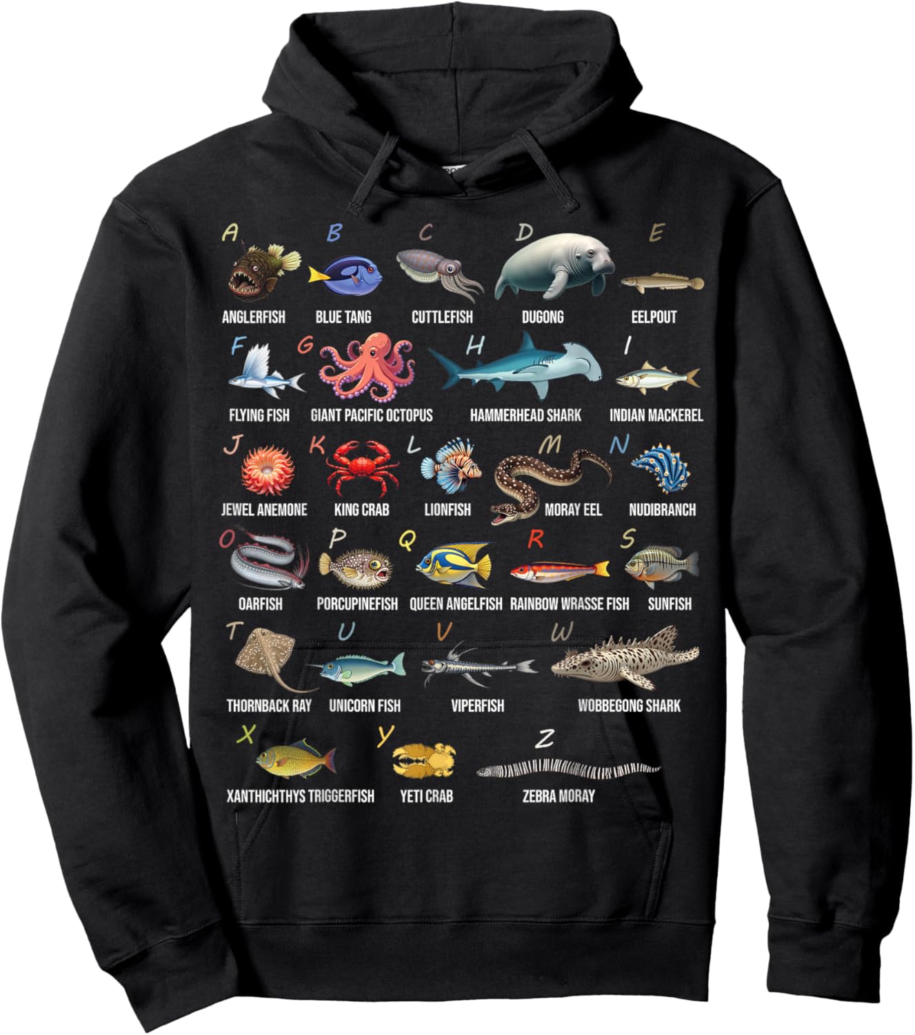 A-Z Ocean Life Alphabet Marine Creatures Exploration Hoodie - Hoodie | Black