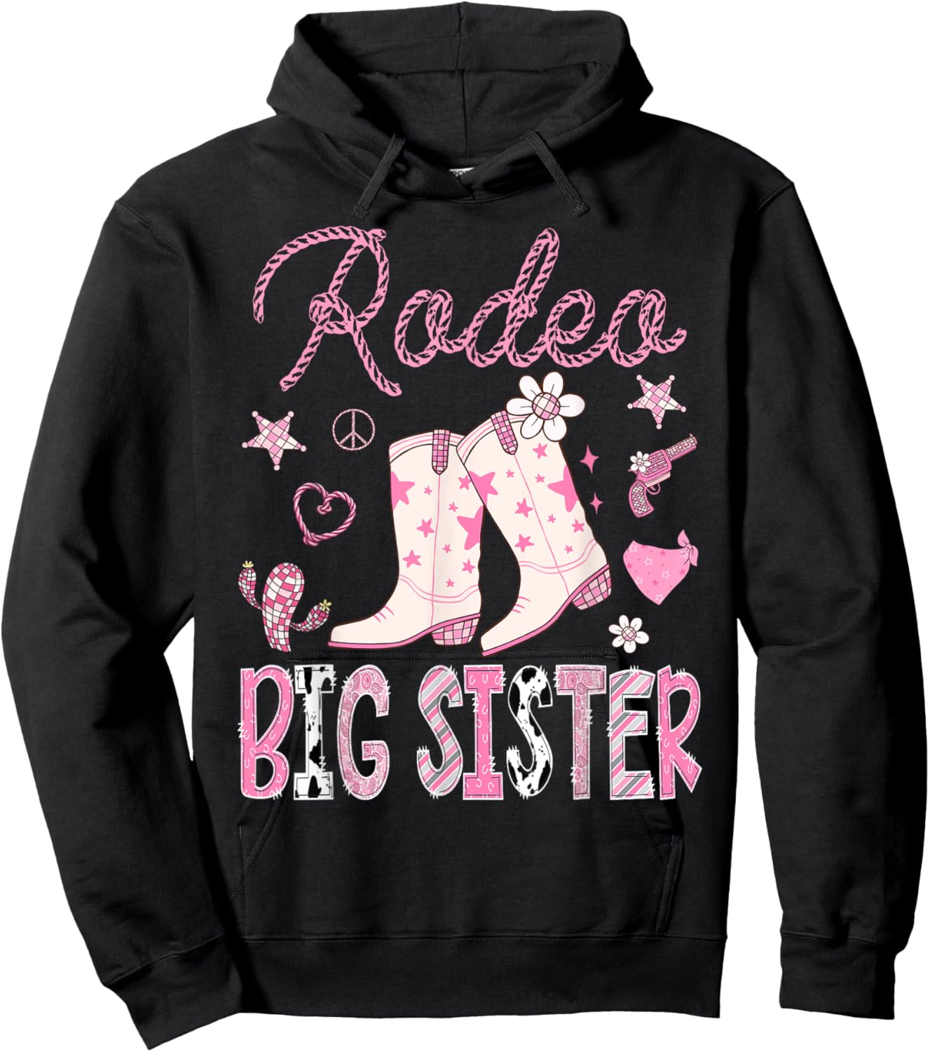 Rodeo Big Sister Pink Boots Disco CowGirl Birthday Party Hoodie - Hoodie | Black