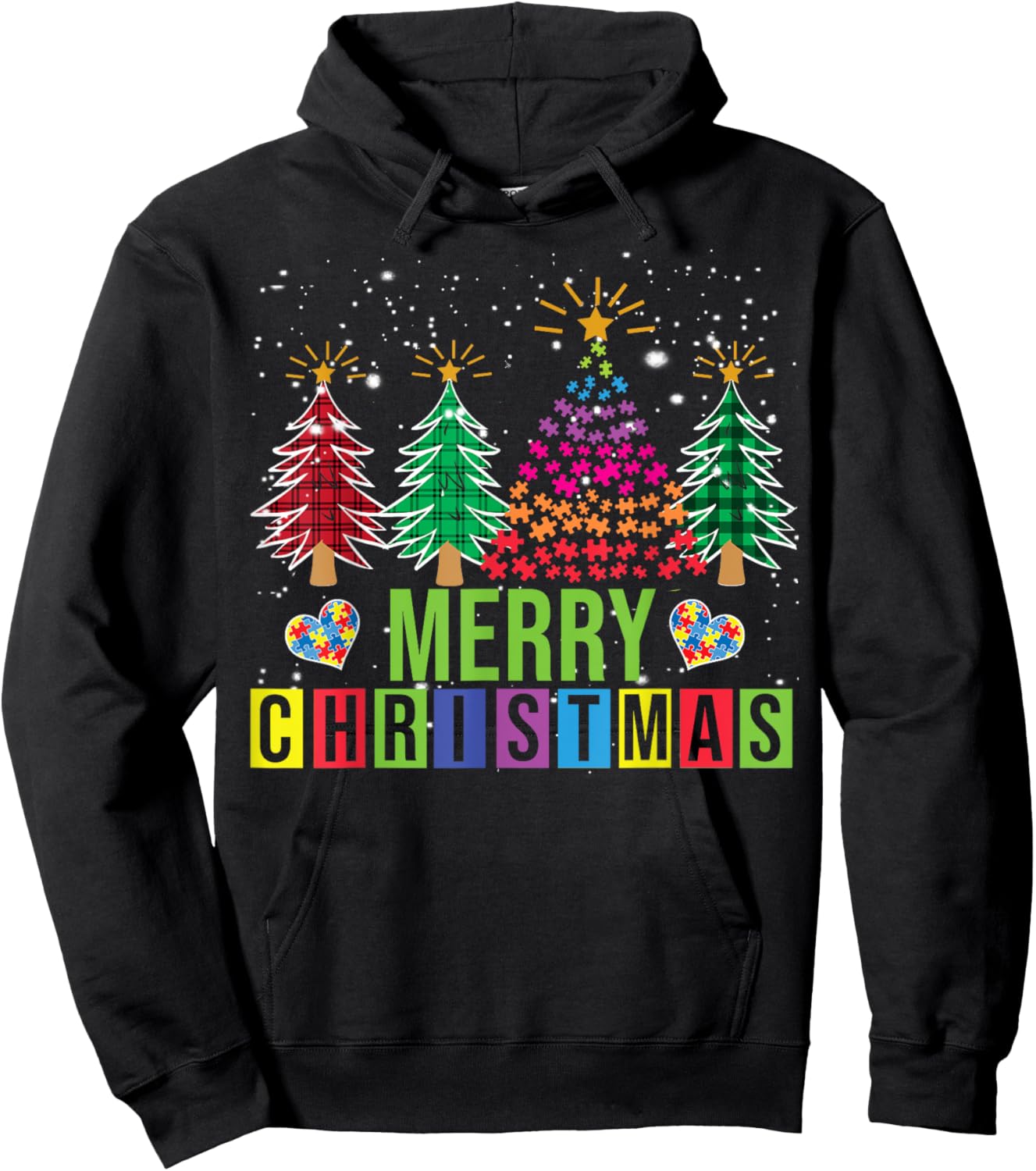 Autism Merry Christmas Tree Buffalo Plaid Matching Family Hoodie - Hoodie | Black