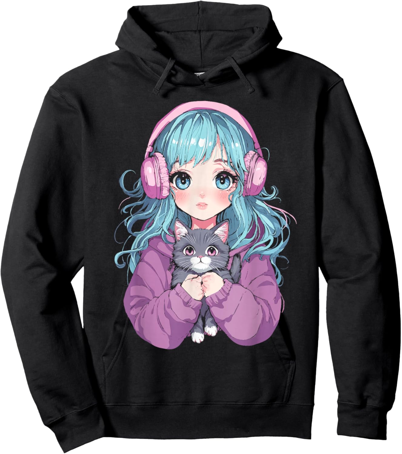 Anime Girl Cat Japanese Kawaii Teens Girls Hoodie - Hoodie | Black