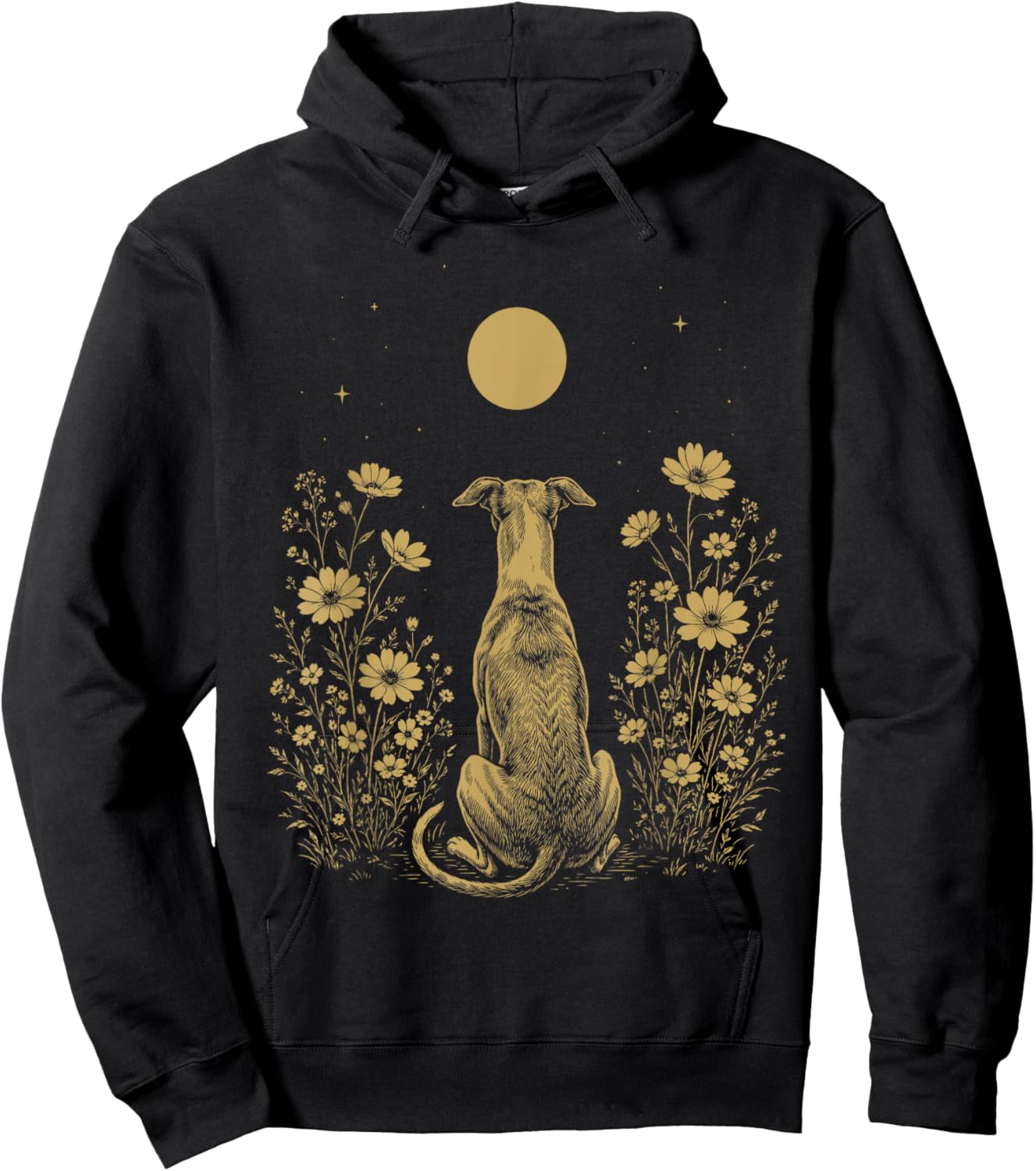Whippet Moon Night Flower Minimalist Boho Dog Lover Hoodie - Hoodie | Black