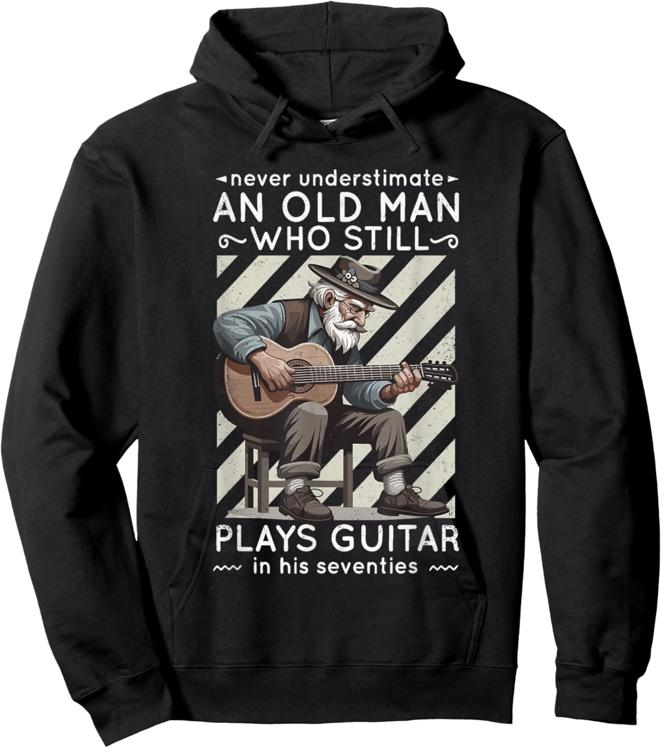 Never Underestimate an Old Man Who Plays Guitar Seventies Hoodie - Hoodie | Black