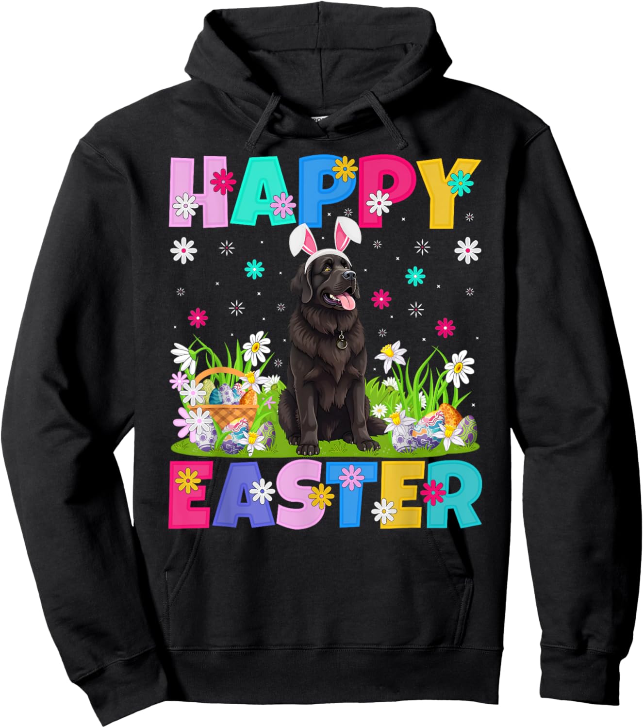Newfoundland Dog Happy Easter Egg Hunt Bunny Ear Easter Hoodie - Hoodie | Black