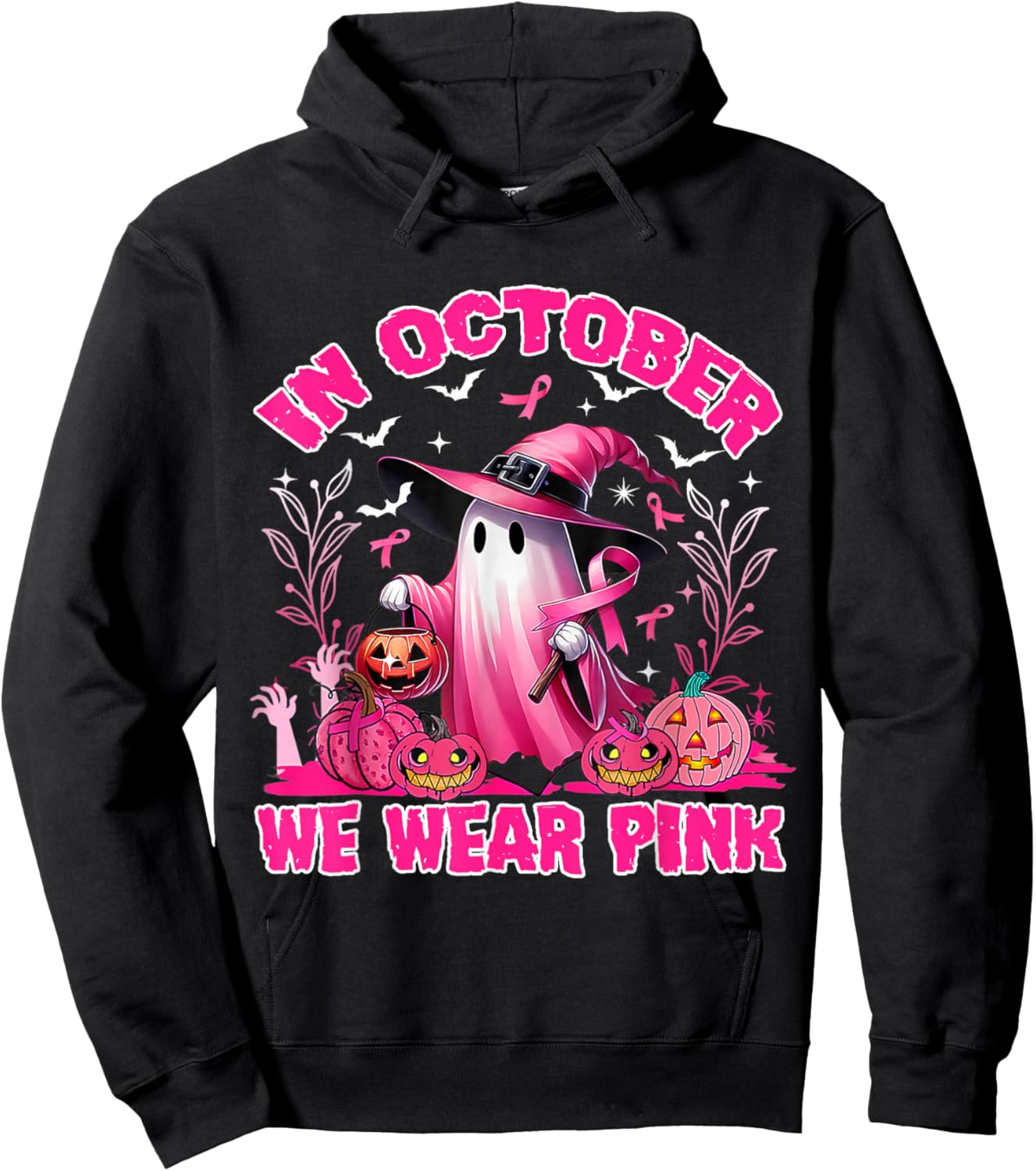 In October We Wear Pink Ghost Witch Breast Cancer Awareness Hoodie - Hoodie | Black