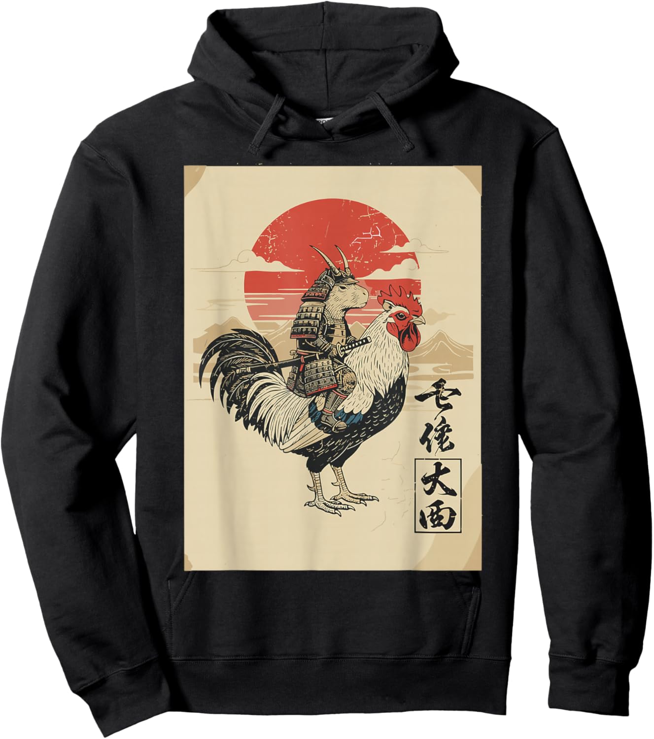 Vintage Japanese Art Shirt Boys Men, Capybara Riding Rooster Hoodie - Hoodie | Black