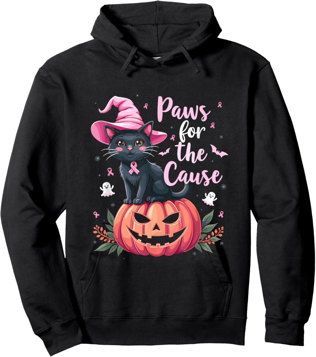 Paws For The Cause Pink Ribbon Witch Hat Pumpkin Hoodie - Hoodie | Black