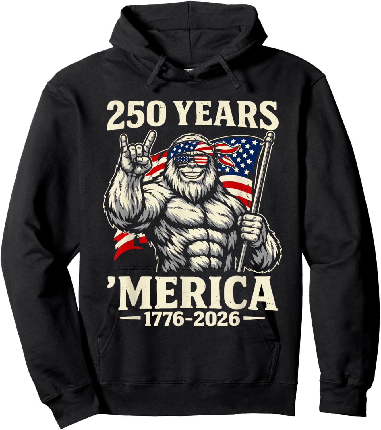 Bigfoot Merica Rock American Flag Patriotic 4th of July Hoodie - Hoodie | Black
