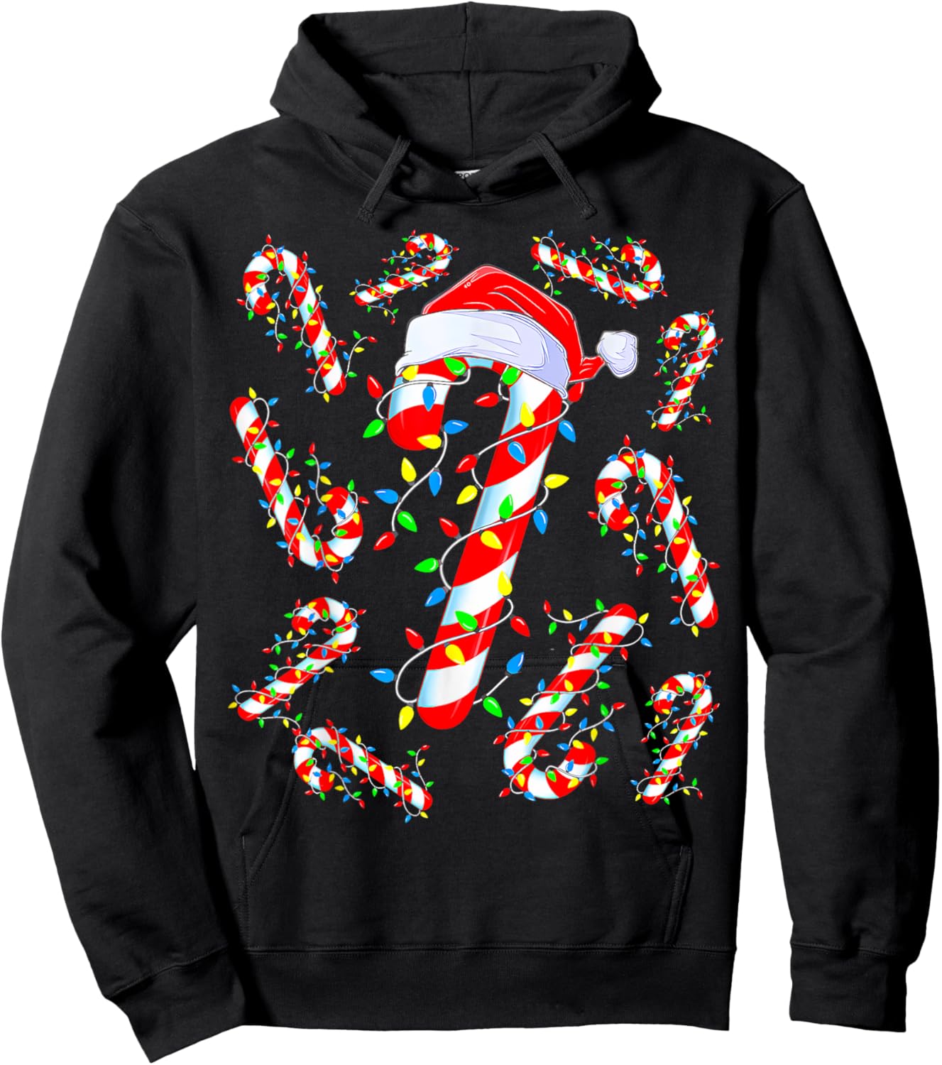 Red And White Candy Cane Santa Christmas Funny Xmas Lights Hoodie - Hoodie | Black