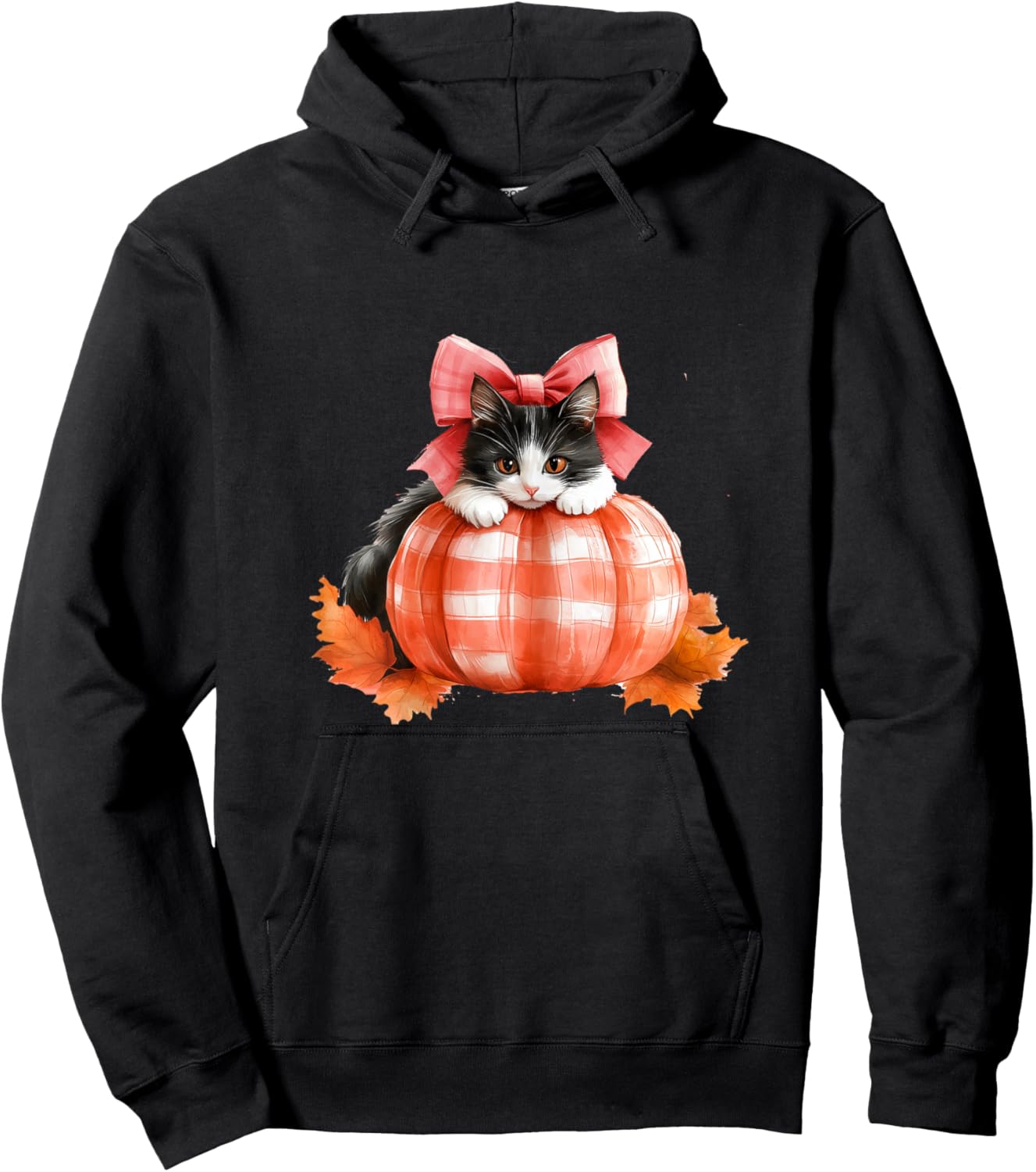 Cute Halloween Pumpkin Cat Pink Fall Plaid Thanksgiving Girl Hoodie - Hoodie | Black