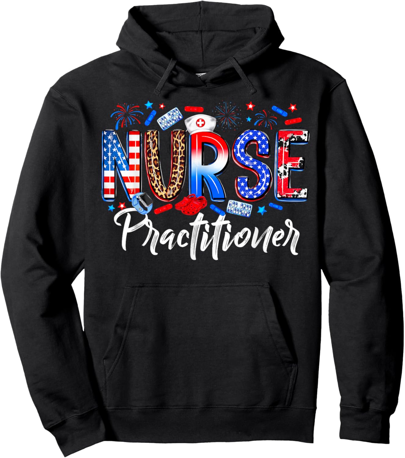 Happy 4th Of July Nurse Practitioner American Flag Women Men Hoodie - Hoodie | Black