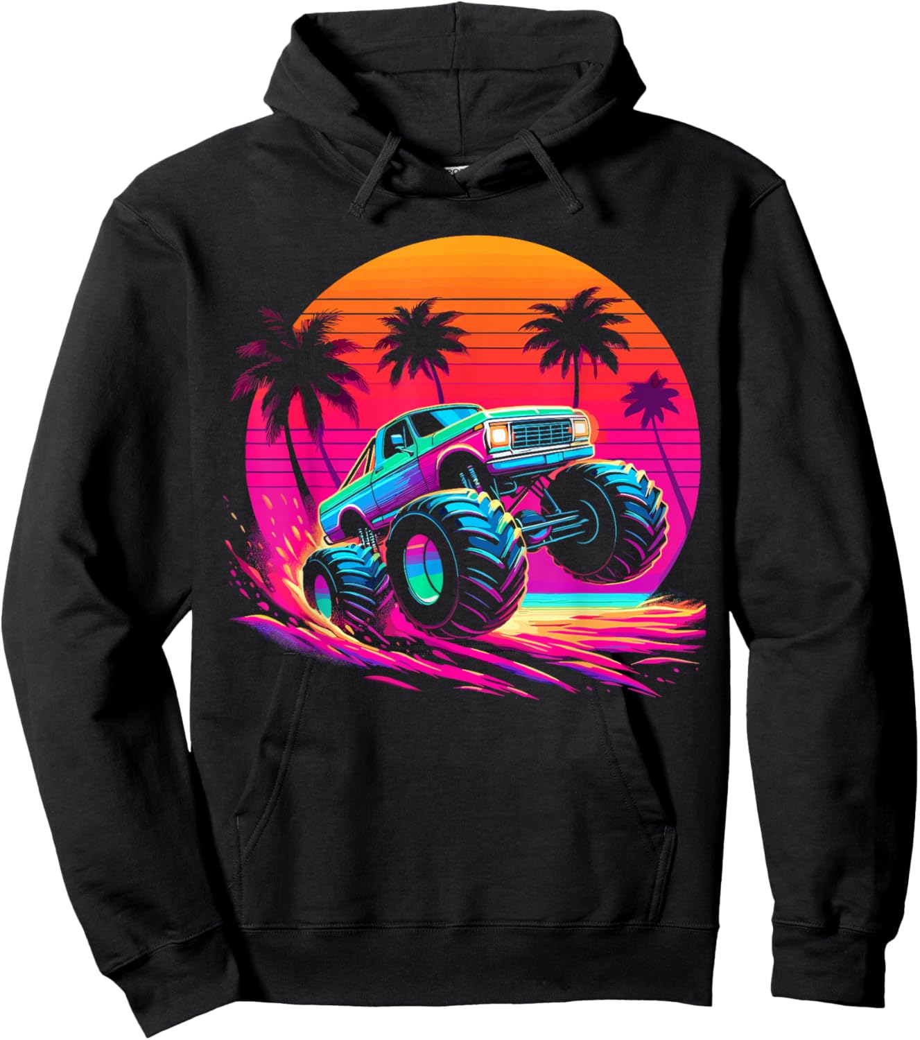 Monster Truck Retro Sunset Monster Truck Hoodie - Hoodie | Black