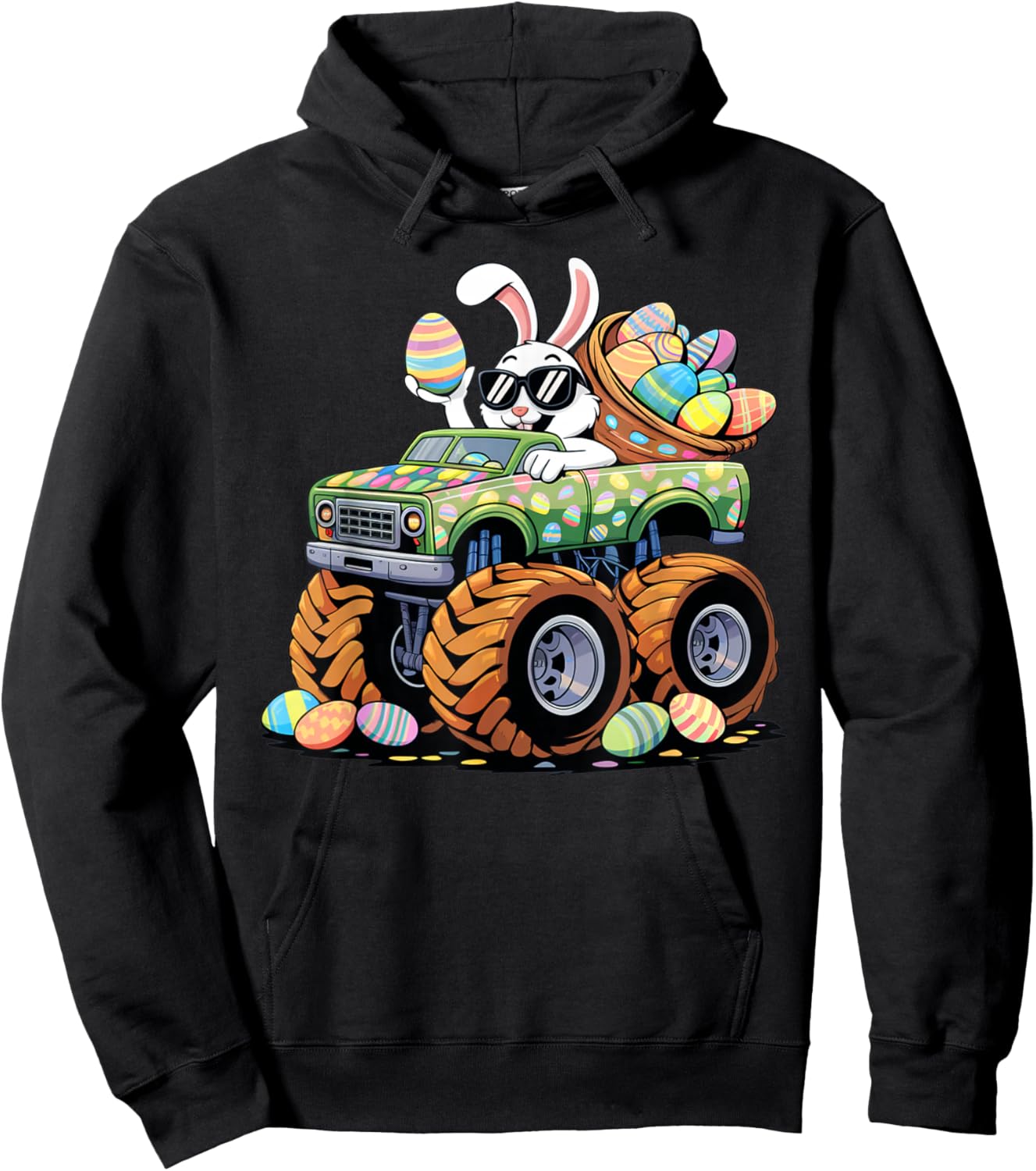 Easter Day Bunny Monster Truck Eggs Cool Rabbit Toddler Boy Hoodie - Hoodie | Black