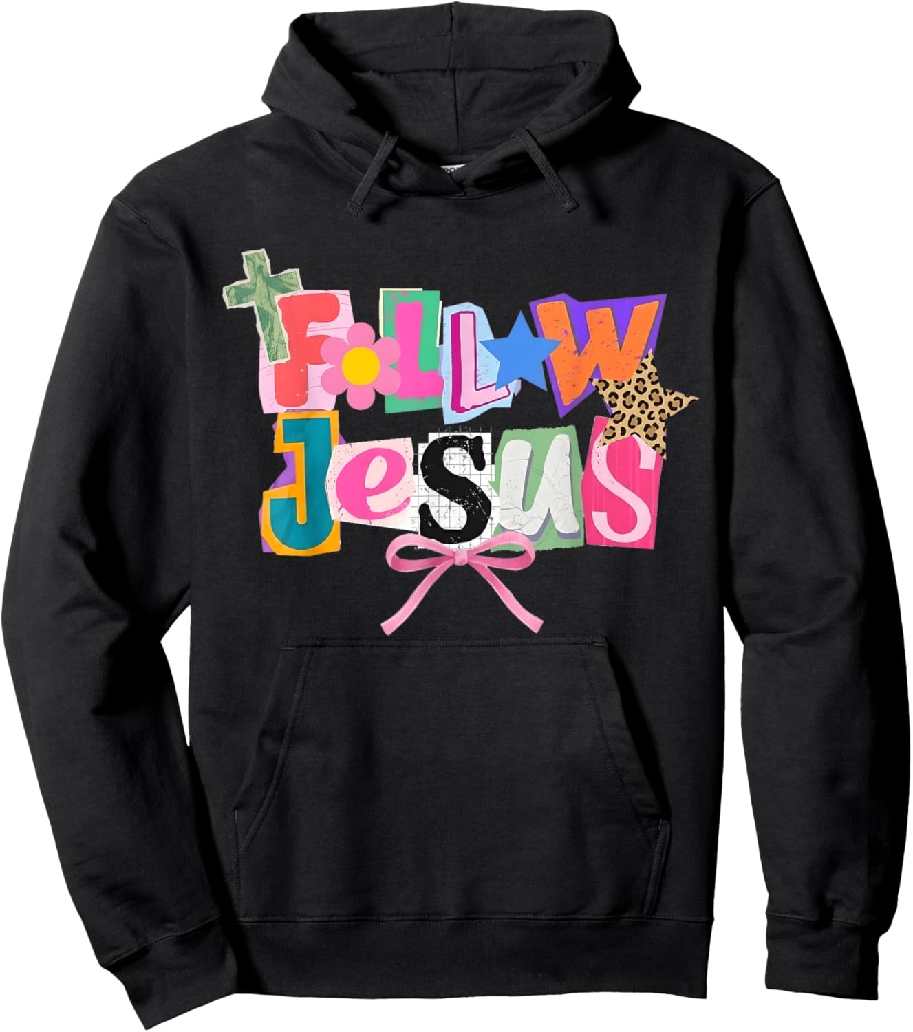 Preppy Follow Jesus Collage Y2K Coquette Faith Bow Leopard Hoodie - Hoodie | Black