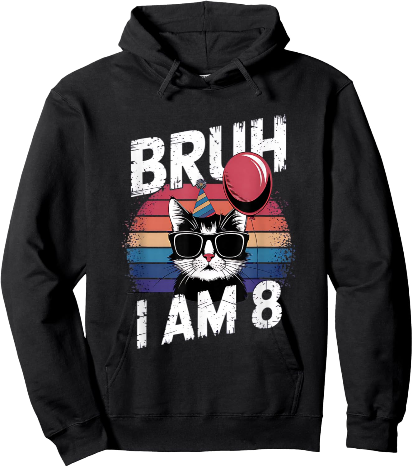 Bruh I Am 8 Cat Kids 8th Birthday Party Retro Sunset Hoodie - Hoodie | Black