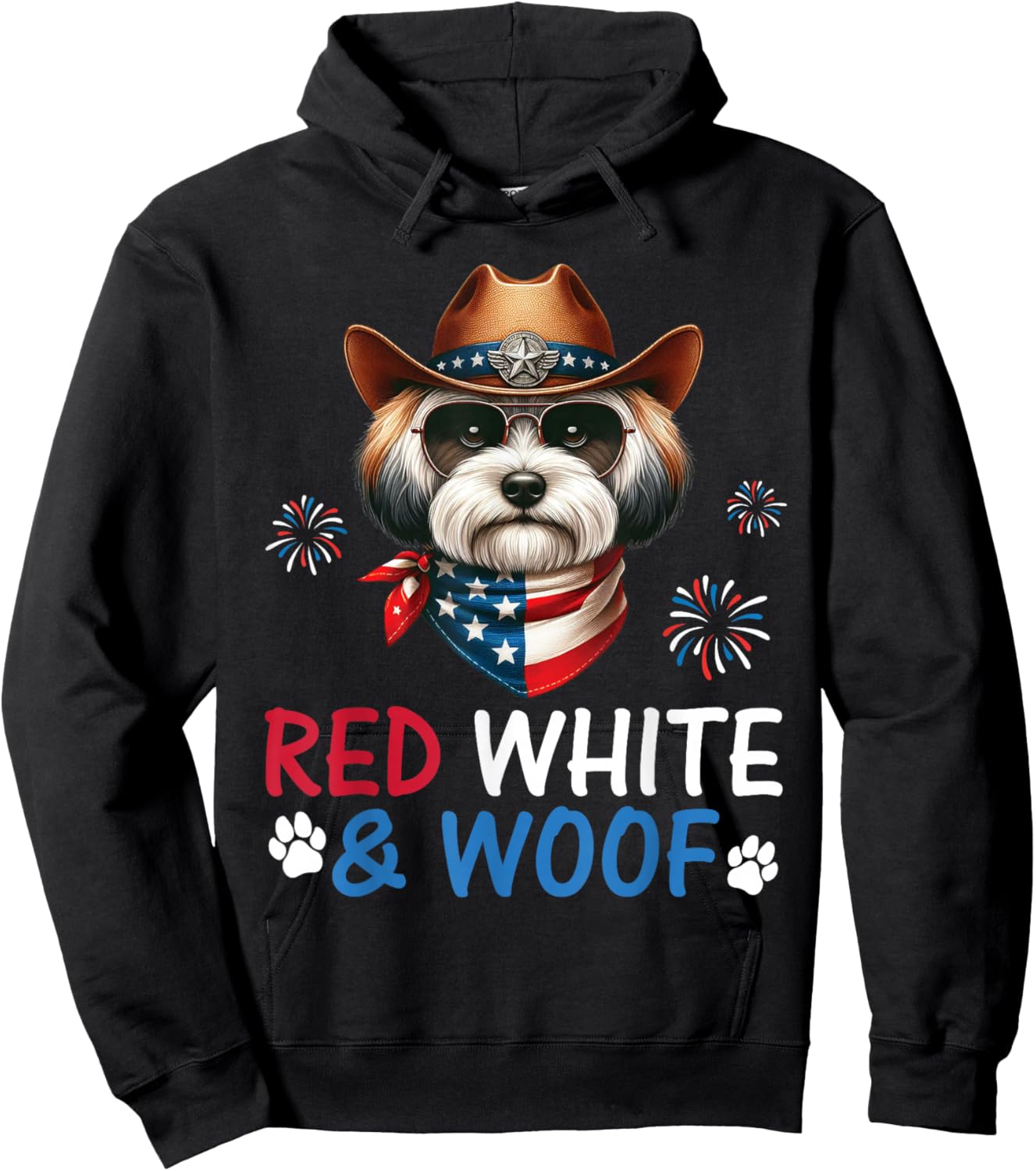 Havanese Dog Cowboy Costume Fireworks Red White and Woof Hoodie - Hoodie | Black