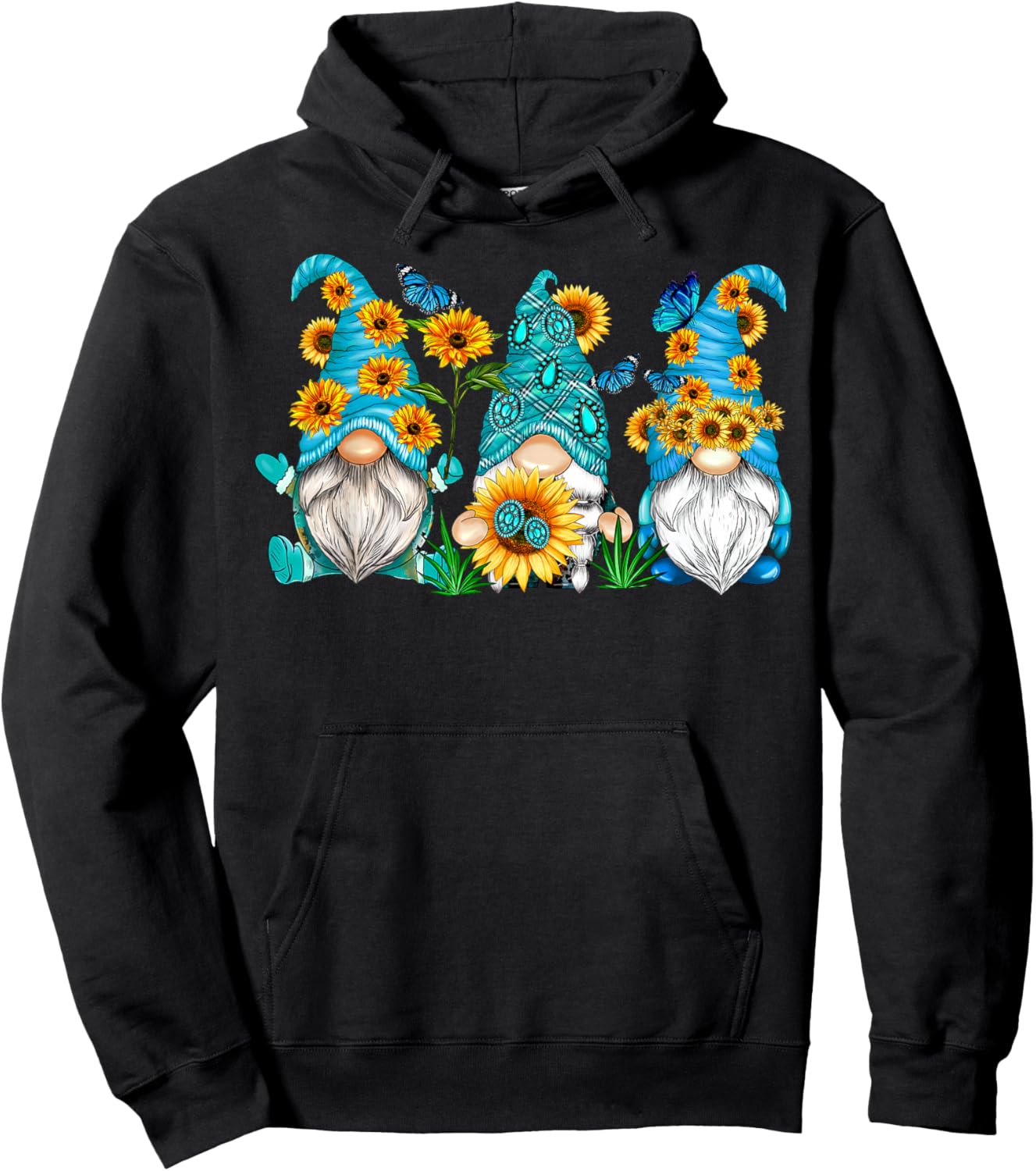 Cute Gnomes With Sunflower Butterfly Gardeners Summer Floral Hoodie - Hoodie | Black