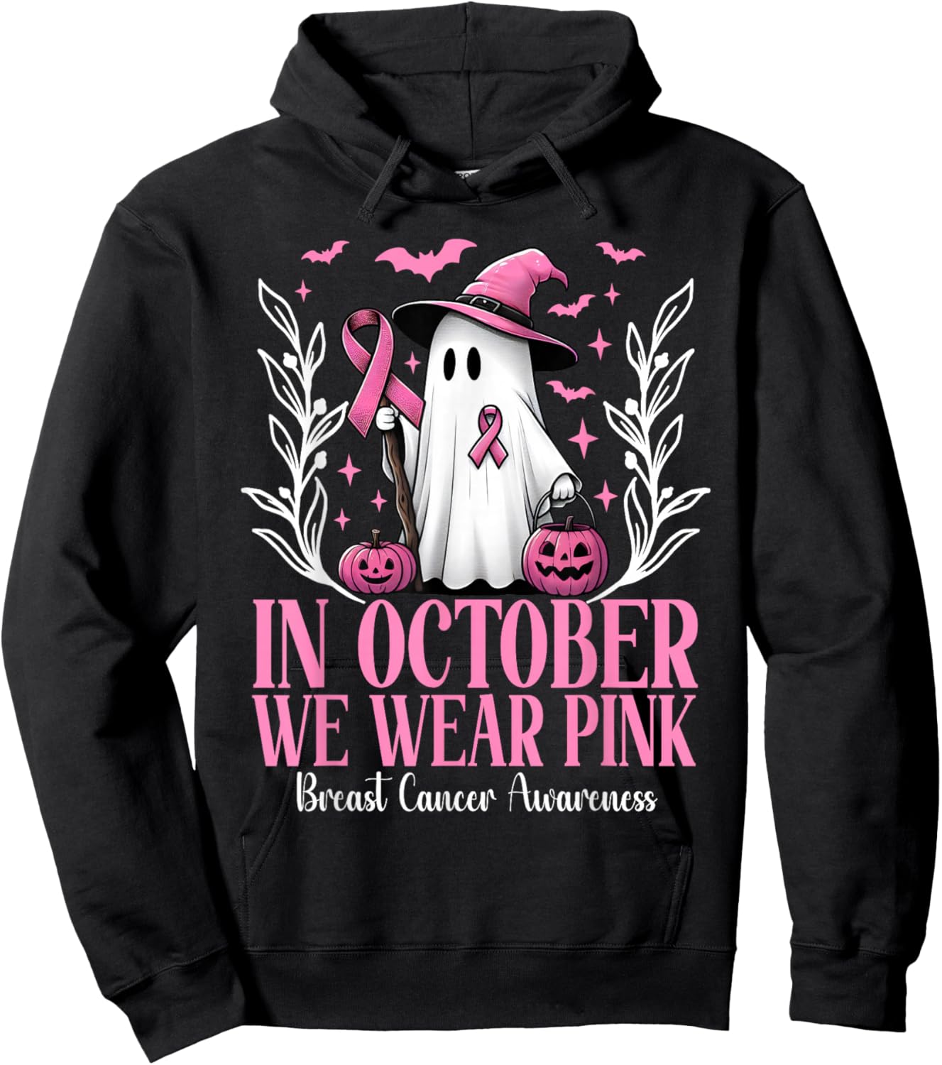 In October We Wear Pink Breast Cancer Witch Ghost Halloween Hoodie - Hoodie | Black