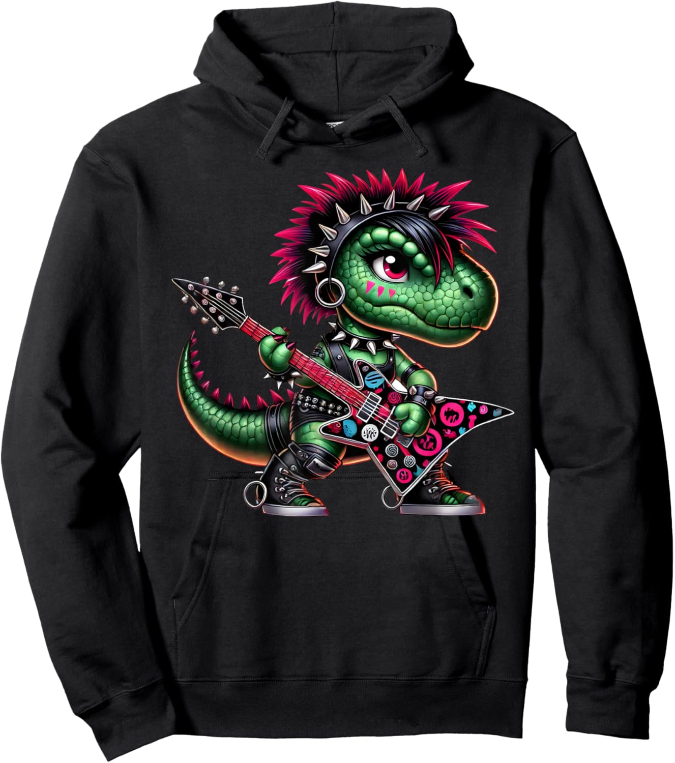 Cute Punk Girl Dinosaur Guitar Band, Rock'n Roll Dino, Girls Hoodie - Hoodie | Black