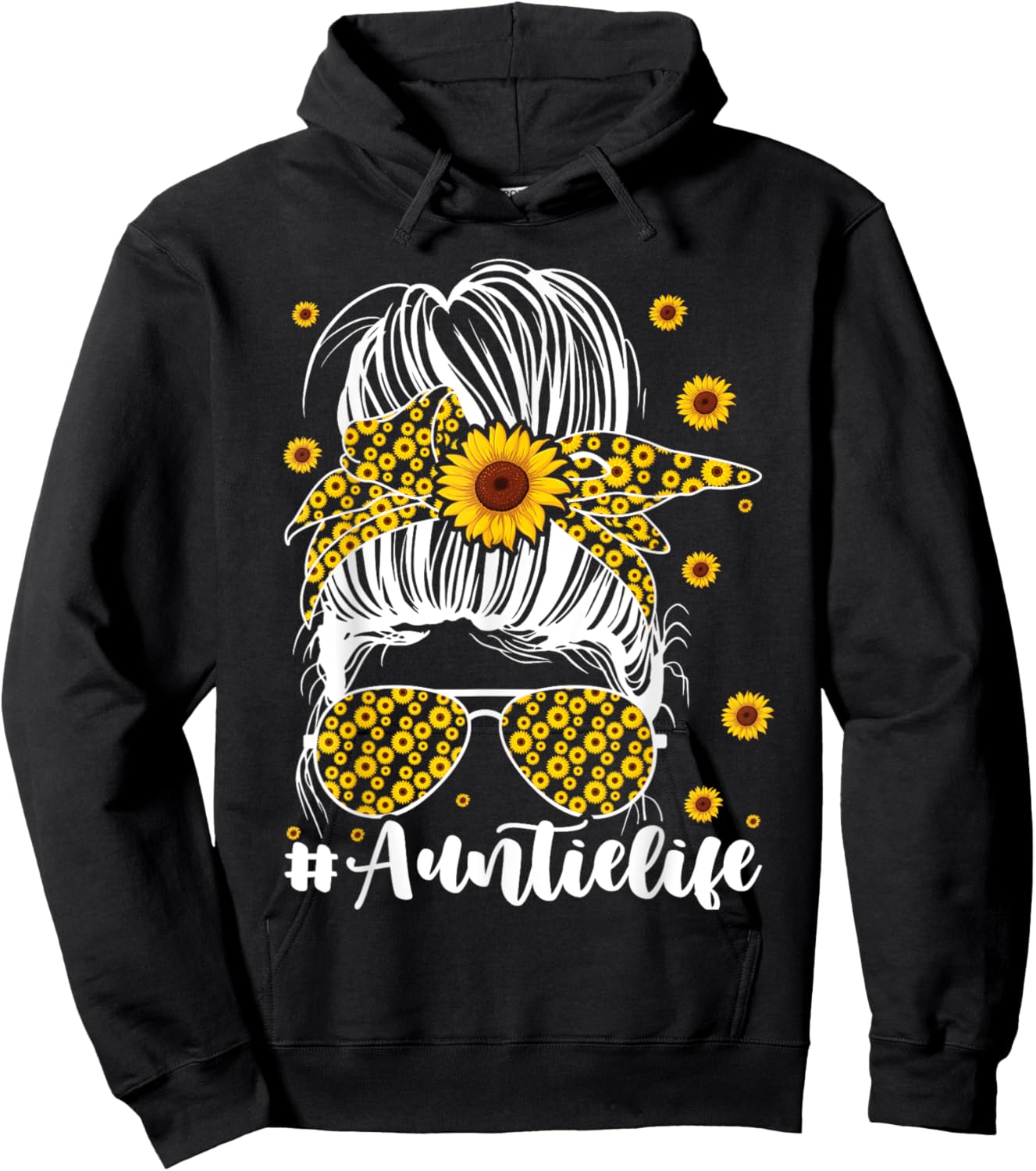 Mom Life Bleached Auntie Life Sunflower Messy Bun Hoodie - Hoodie | Black
