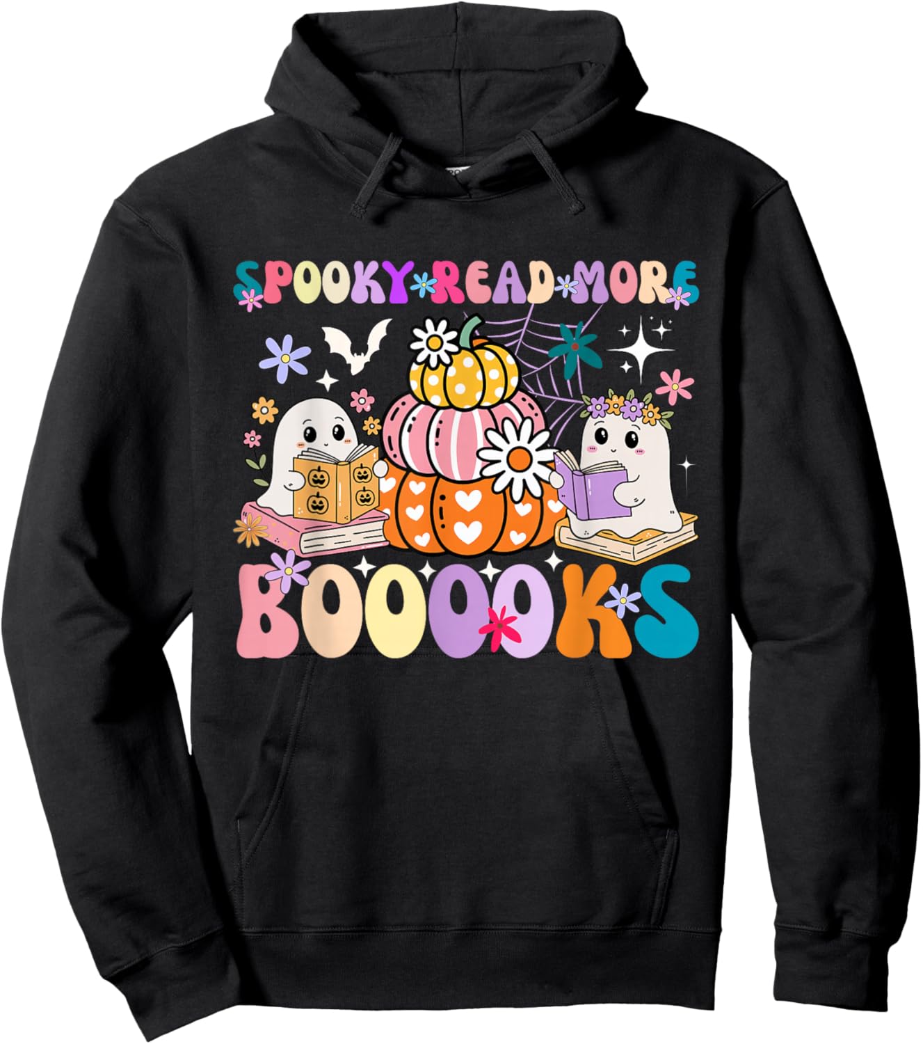 Spooky Read More Boooooks Cute Ghost Pumpkin Reading Groovy Hoodie - Hoodie | Black