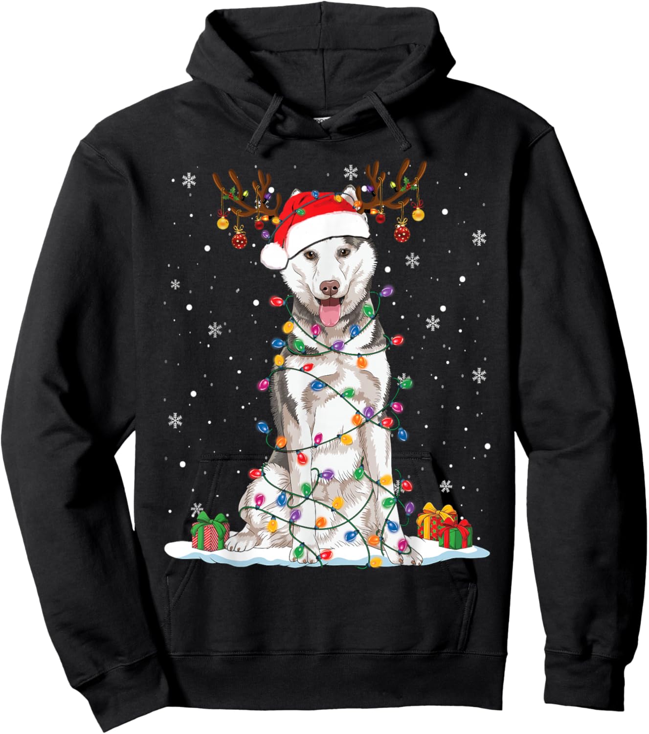 Funny Husky Dog Tree Christmas Lights Xmas Pajama Women Kids Hoodie - Hoodie | Black