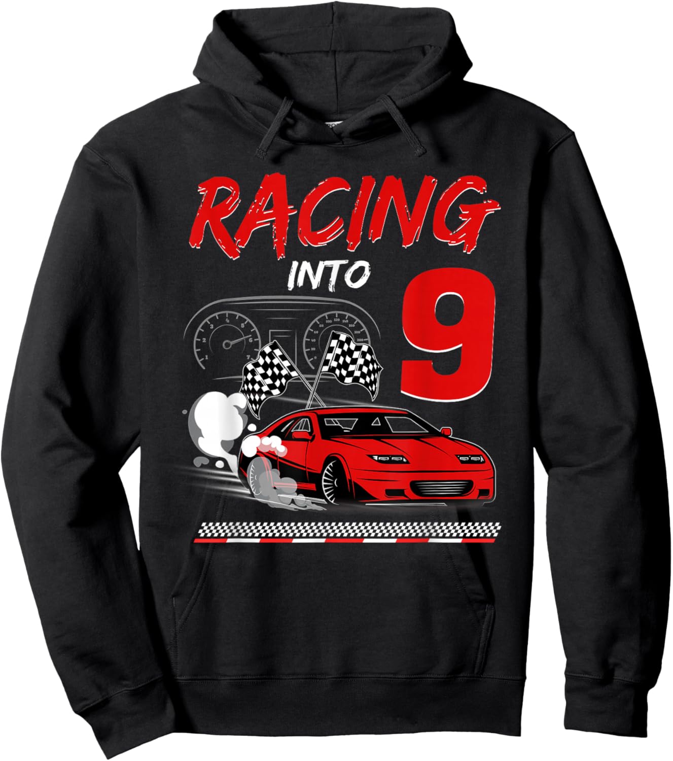 Racing into 9 Year Old Birthday Race Car 9th Boy Party Hoodie - Hoodie | Black