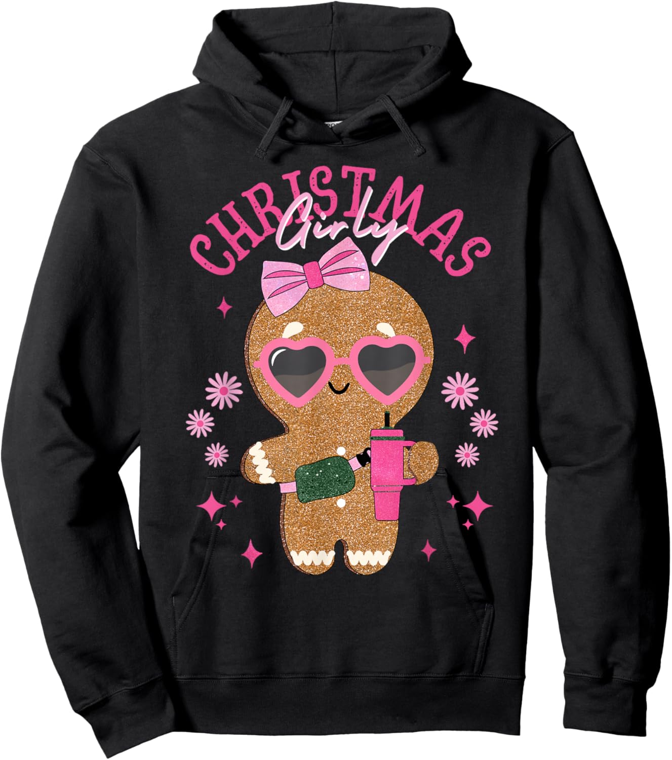 Coquette Bow Pink Gingerbread Christmas Girly Xmas Holiday Hoodie - Hoodie | Black