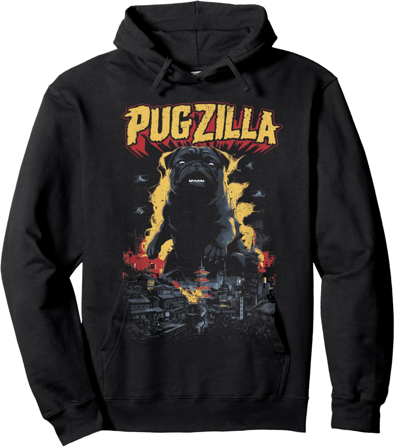Pug Pet Dog Breed Pugzilla Funny Pug Lover Pug Owner Distressed -Adult Black Short Sleeve Hoodie - Hoodie | Black