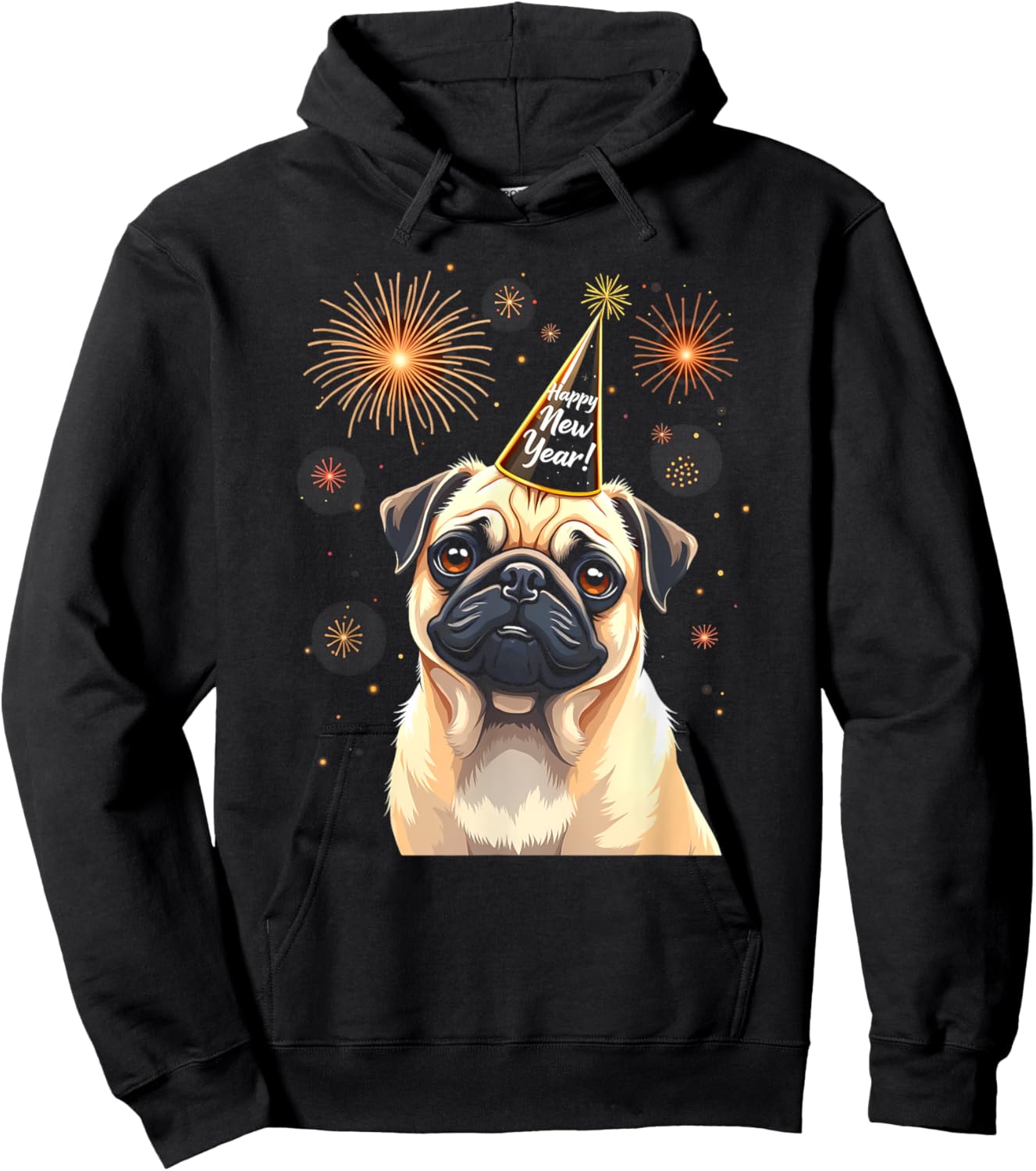 Happy New Year 2025 Eve Firework Dog Funny Pug Dog Women Kids Hoodie - Hoodie | Black