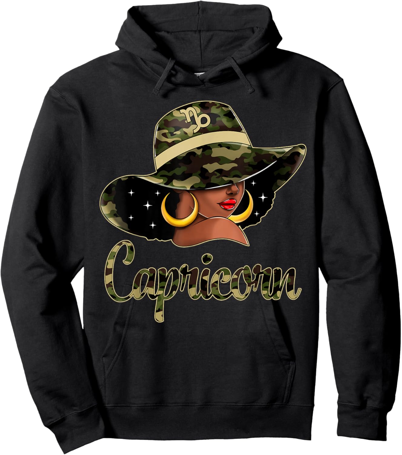 Capricorn Queen Black Woman With Hat Camo Afro Woman Zodiac Hoodie - Hoodie | Black