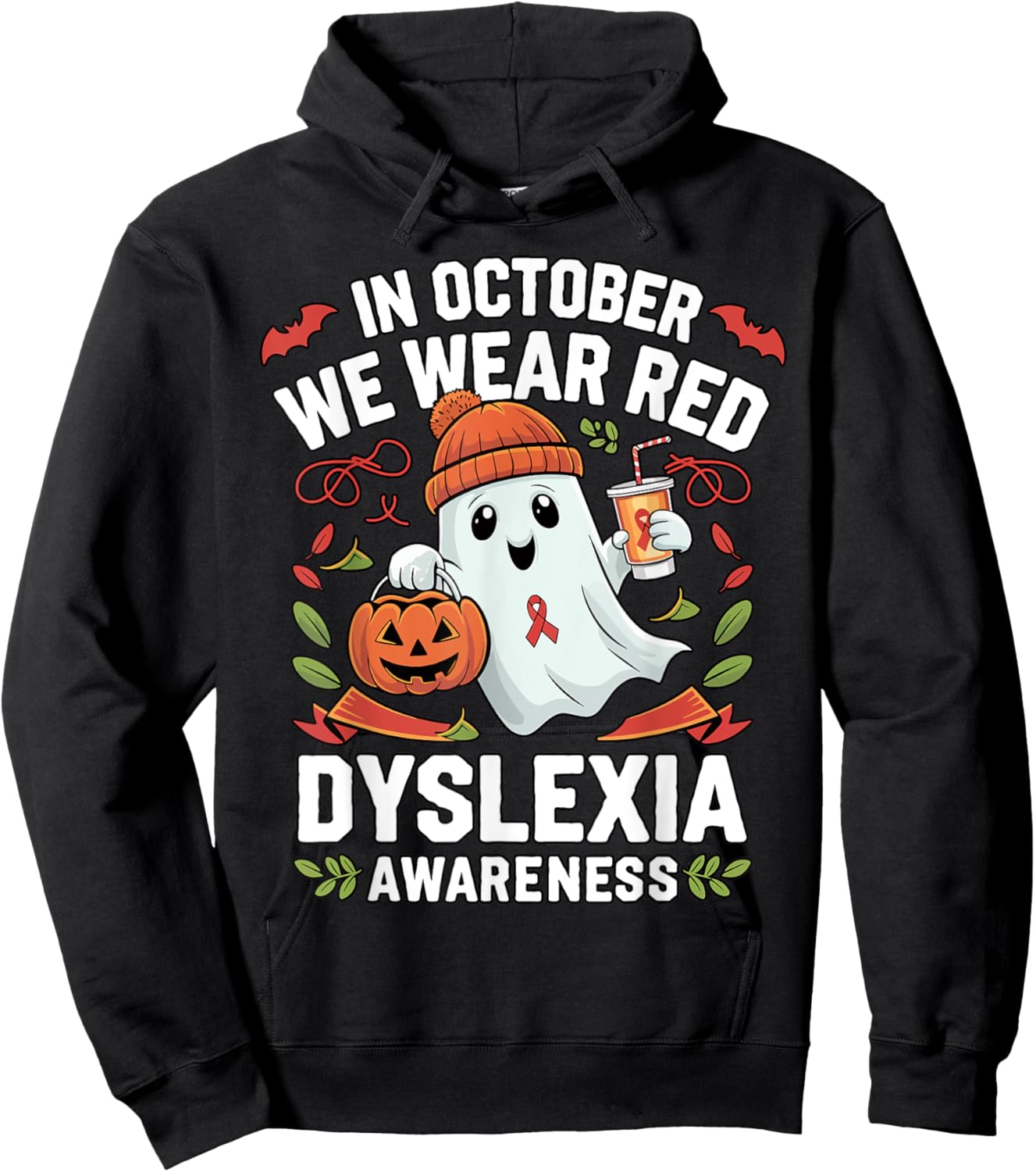 Awareness Ribbon October Wear Red Dyslexia Awareness Ghost Hoodie - Hoodie | Black
