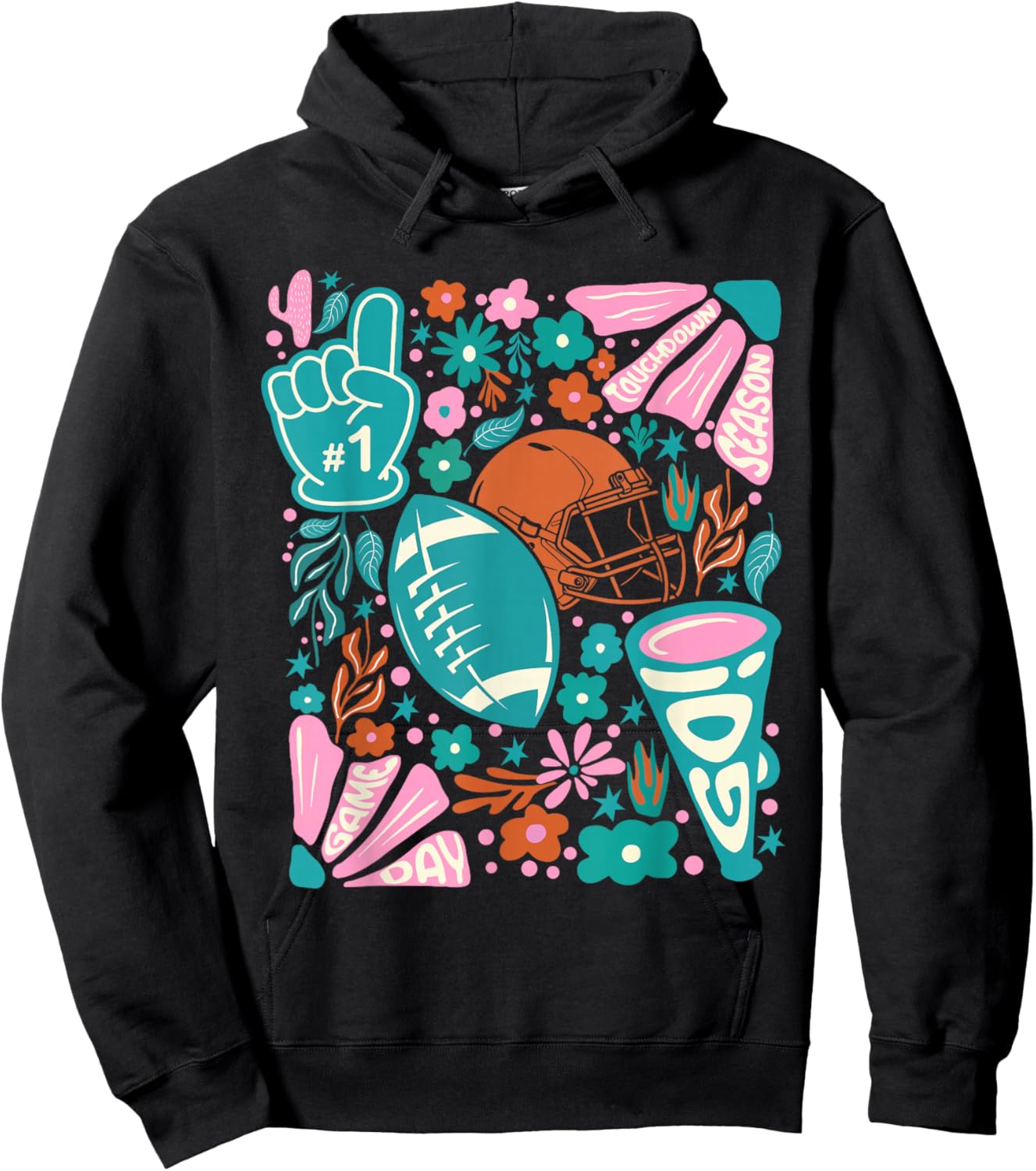 Retro Cute Touchdown Season Game Day Teal Football Mom Hoodie - Hoodie | Black